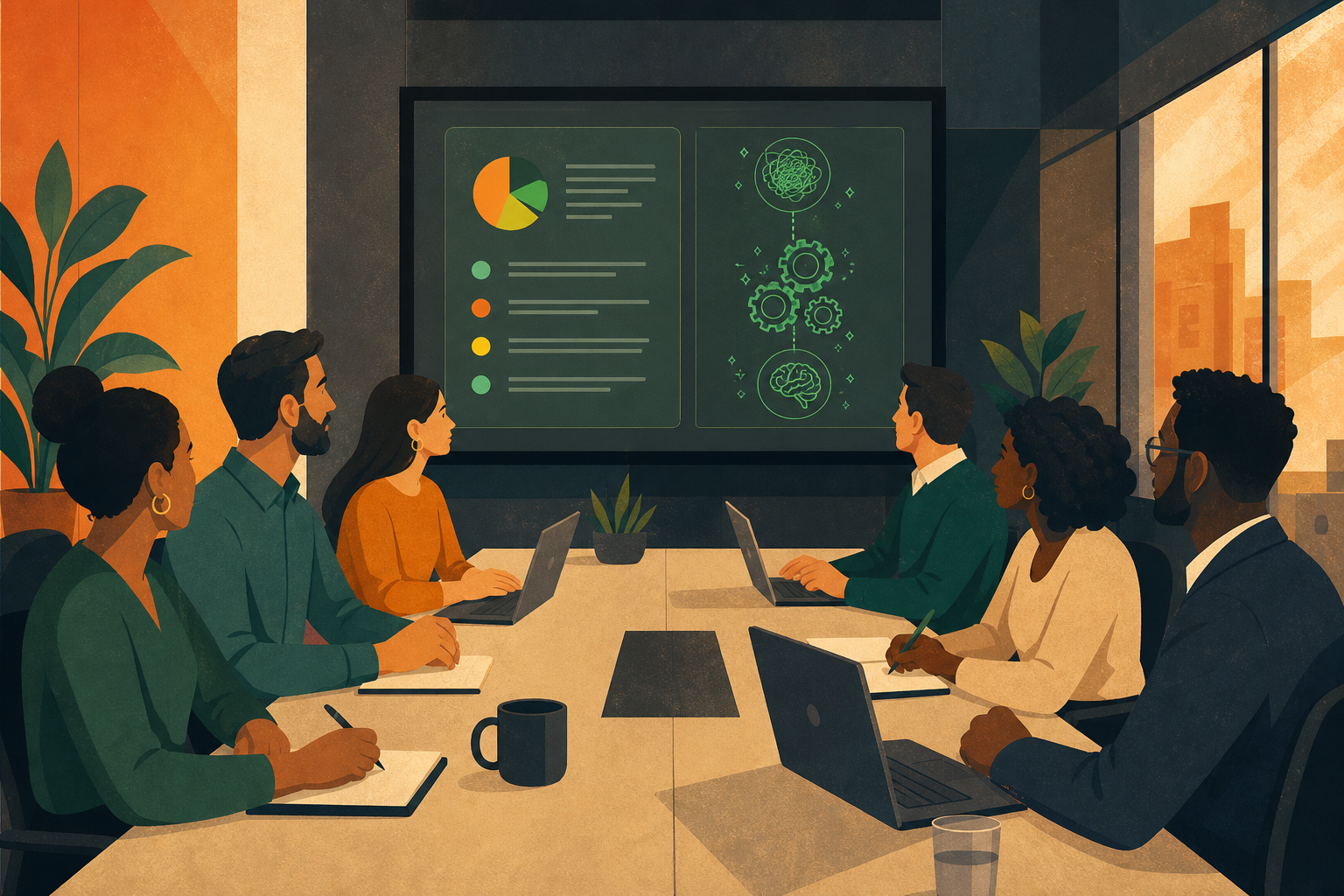 Clean, modern flat-style illustration of a diverse group of professionals sitting around a large conference table in a company-wide meeting. A structured agenda is displayed on a presentation screen at the front of the room. The scene conveys organization and focus — people are attentive, some taking notes on laptops. Warm neutral color palette, no text or labels on the image, professional business setting.