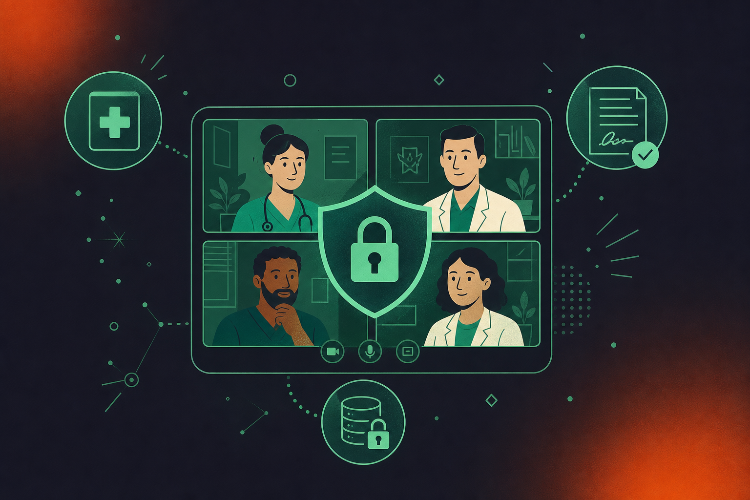 A clean flat design illustration showing a healthcare team video call with a shield and lock symbol overlaid, representing HIPAA-compliant AI meeting security. Small icons floating around the call represent patient data (medical cross), a signed document (BAA contract), and a locked database. Green and white color palette, professional enterprise healthcare aesthetic, minimal iconography, no text labels.