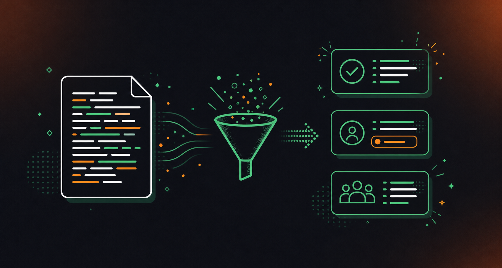 Clean flat design illustration showing the transformation of raw meeting transcript text into structured agent-ready data records. Left side: a document icon with free-flowing unstructured text lines representing a raw transcript. Center: a processing arrow or funnel icon. Right side: three neat labeled card icons representing typed records — one for decisions, one for action items with an owner tag, one for participant context. Green and white color palette, professional enterprise tech aesthetic, minimal iconography, no text labels, no words in the image.