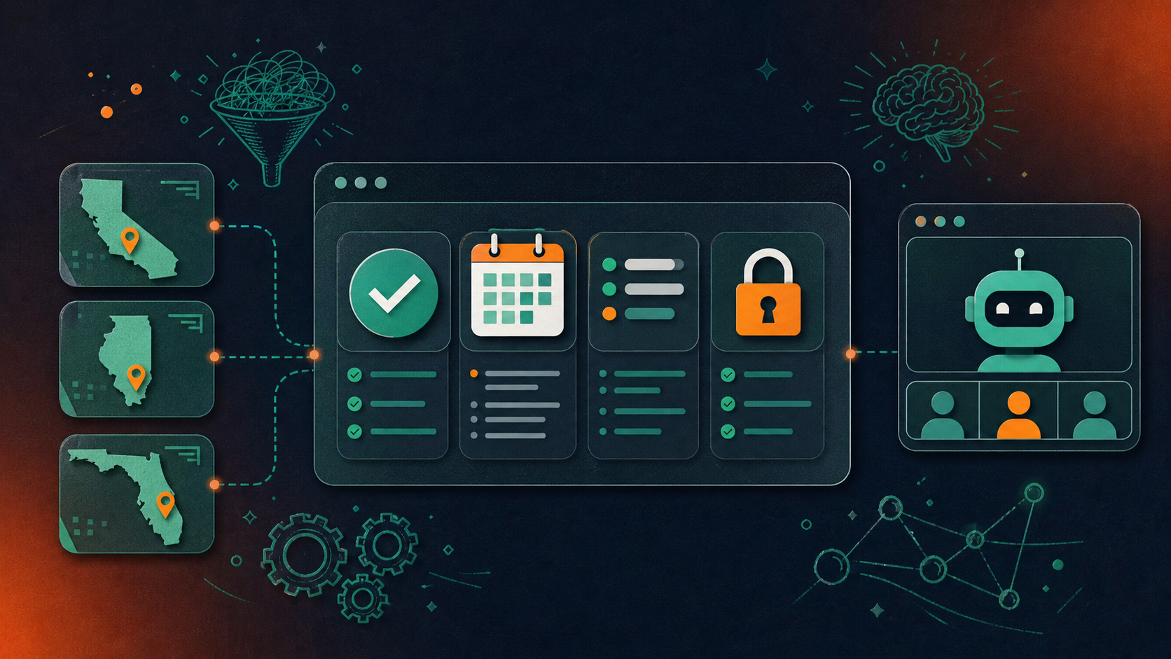 A clean, modern flat-style illustration showing a legal team's AI meeting compliance workflow. Features a central dashboard with icons representing recording consent checkmarks, a retention schedule calendar, audit log entries, and a secure lock. Side panels show jurisdiction flags (California, Illinois, Florida) connected to a visible bot icon in a video call interface. Color palette: teal, white, and dark navy. Professional SaaS illustration style, no people, minimal text labels.