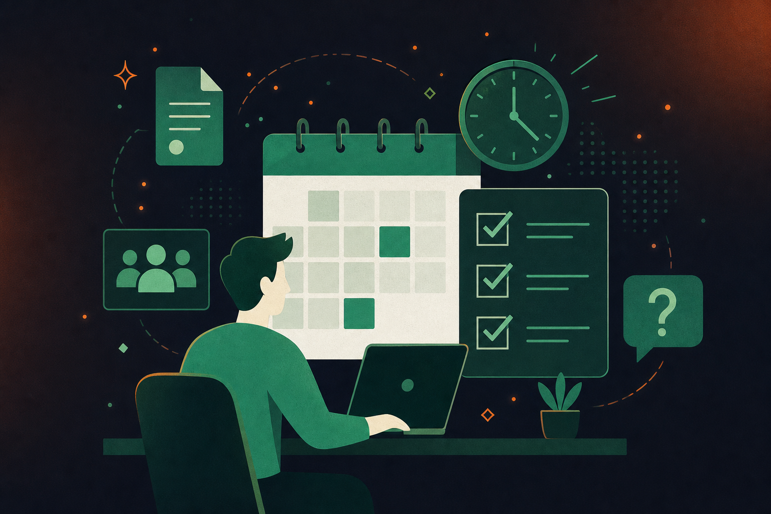 A clean flat design illustration of meeting preparation. A person at a desk with a large calendar, a checklist with checkboxes, and a clock icon floating nearby. Small icons representing an agenda document, a group of people silhouettes, and a speech bubble with a question mark. Green and white color palette, professional enterprise tech aesthetic, minimal iconography, no text labels, no realistic photography.