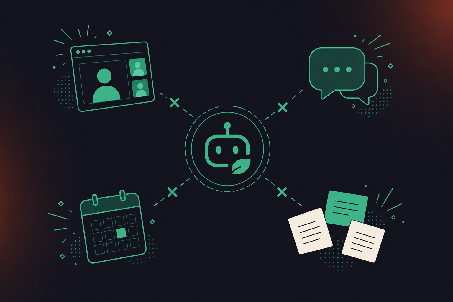 A clean flat design illustration showing fragmented conversation data silos. Several disconnected icons representing a video call screen, a chat bubble, a calendar, and scattered notes float apart from each other, with a central AI agent icon in the middle unable to reach them. Dashed lines indicate broken or missing connections. Green and white color palette, professional enterprise tech aesthetic, minimal iconography, no text.