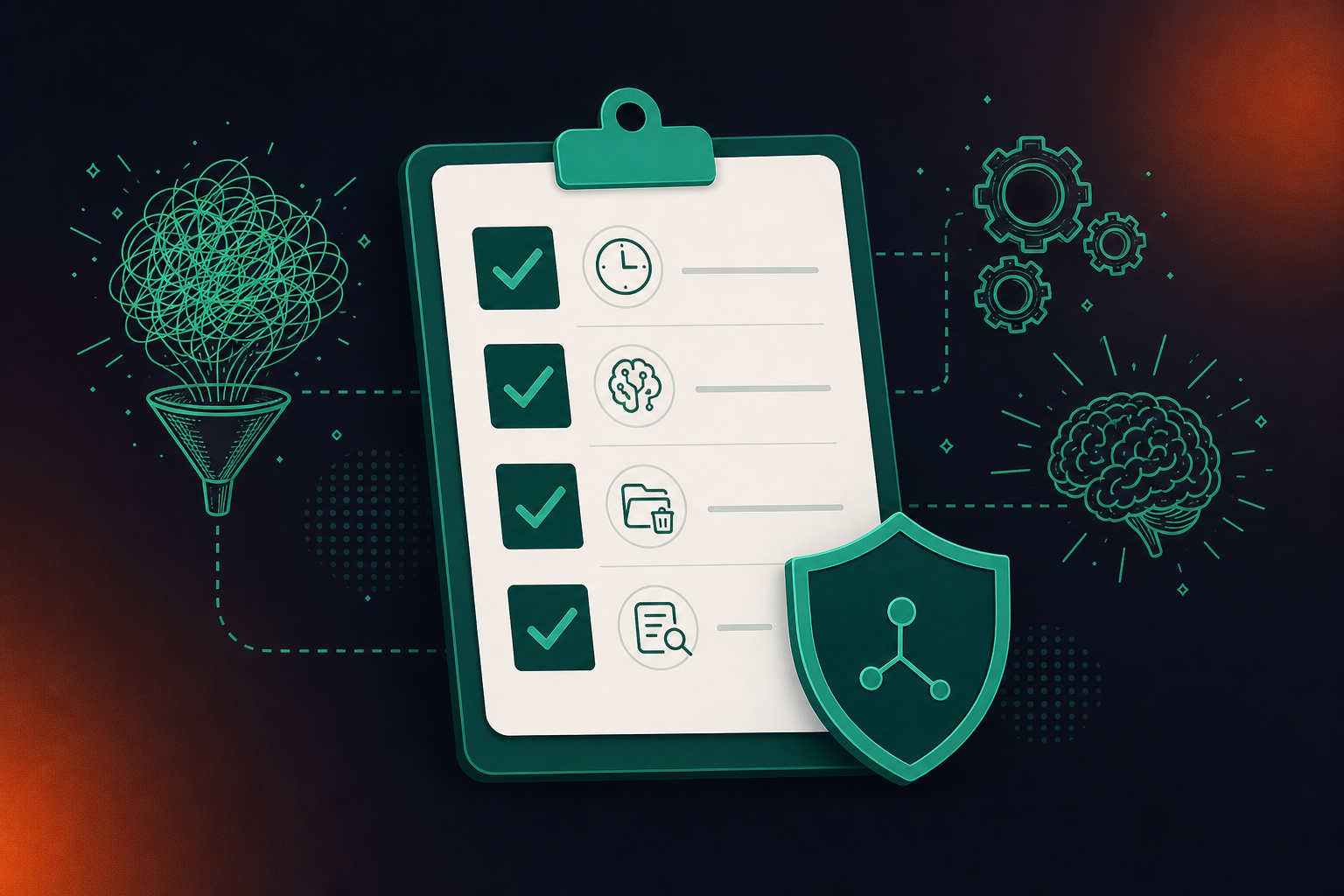 Clean, minimal flat-style SaaS illustration showing an enterprise AI tool procurement checklist. A clipboard or document with checkboxes, each item representing a vendor data retention question: configurable retention windows, no model training on customer data, org-level deletion controls, audit logs. A shield icon in the corner. Color palette: teal, white, and dark navy. Professional enterprise software illustration style. No extra text.
