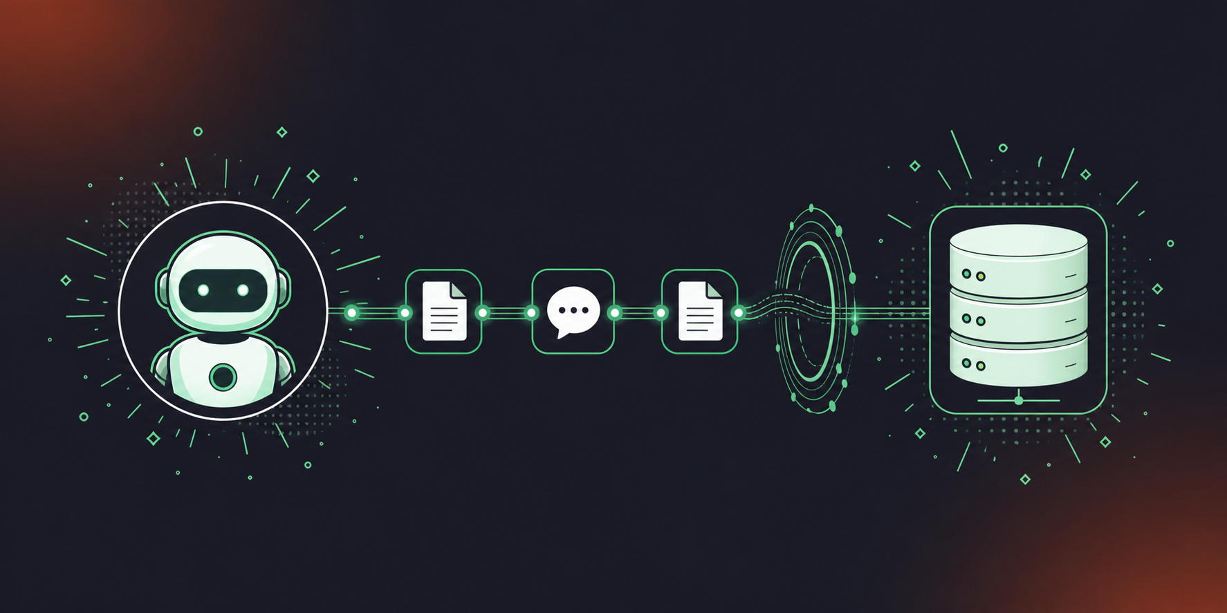 A clean flat design illustration showing an AI coding agent querying a conversation data server through a protocol layer. A central robot or agent icon on the left connected via a clean horizontal pipeline to a server stack icon on the right, with small document and speech bubble icons representing meeting summaries and decisions flowing through the pipeline. Green and white color palette, professional enterprise tech aesthetic, minimal iconography, no text.