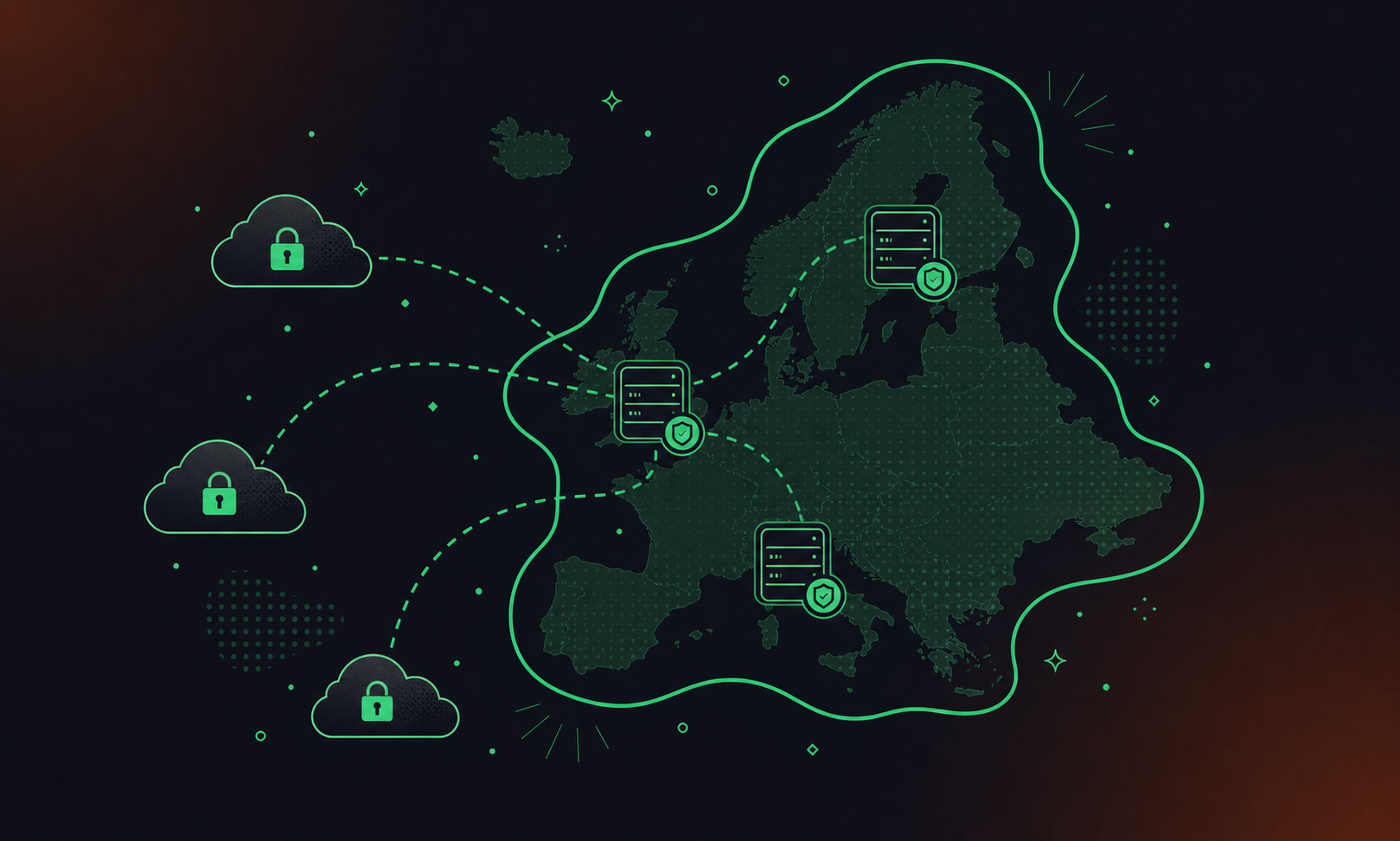 A clean flat design illustration representing cross-border data transfer and GDPR data residency. A simplified map of Europe with server icons inside the EEA boundary, connected by secure transfer lines to external cloud nodes labeled with lock icons. Green and white color palette, professional enterprise tech aesthetic, minimal iconography, no text.