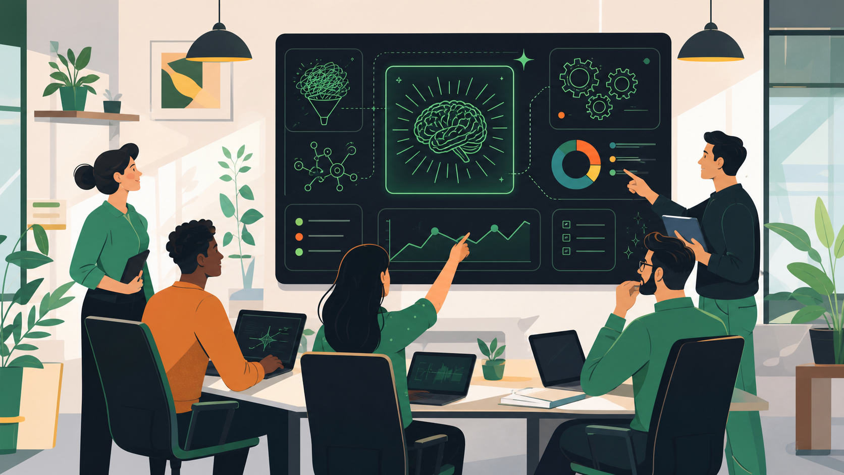 A clean, modern illustration of an agile software team in a bright open office, collaborating around a digital board. An AI assistant interface glows on a large screen showing sprint metrics, action items, and automated summaries. Team members look engaged and focused. Flat design style with a light color palette of greens and whites.