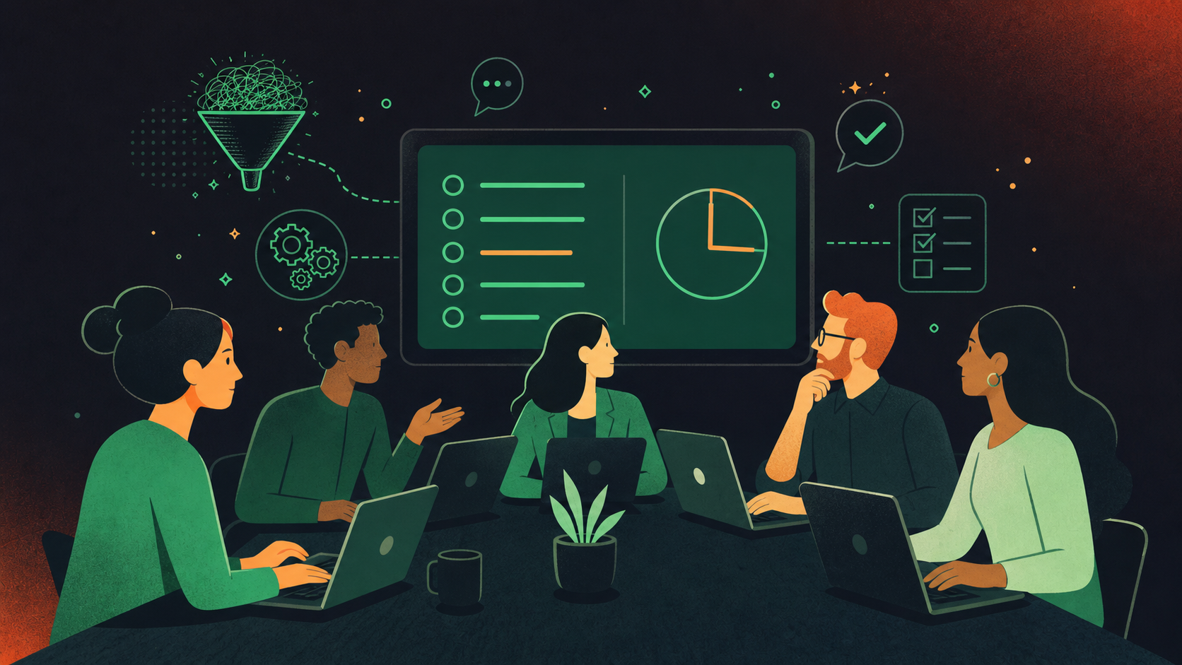 A clean flat design illustration of a meeting in progress. A group of diverse professionals seated around a conference table with laptops open, a visible agenda on a screen, and a timer icon displayed. Small icons representing action items, checkboxes, and speech bubbles float nearby. Green and white color palette, professional enterprise tech aesthetic, minimal iconography, no text labels, no realistic photography.
