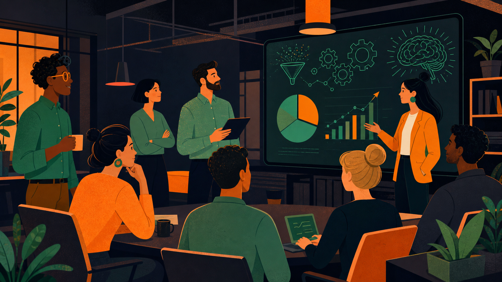 A professional illustration of a diverse group of employees gathered in a modern open-plan office for an all-staff meeting. Some people are seated around a large conference table, others stand near a presentation screen showing company charts. The atmosphere is collaborative and engaged, warm lighting, flat design style.