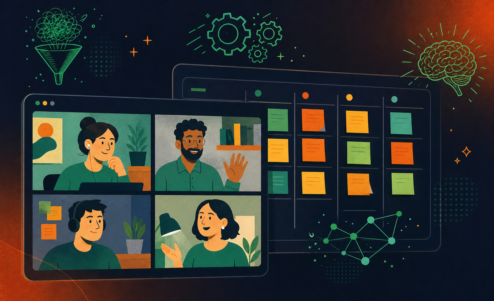 A clean, modern flat-style illustration of a remote Agile team collaborating on a video call. Multiple team members visible on screen tiles, with a digital kanban board visible in the background showing sticky notes and sprint columns. Warm, professional color palette with blues and greens. No text or logos.