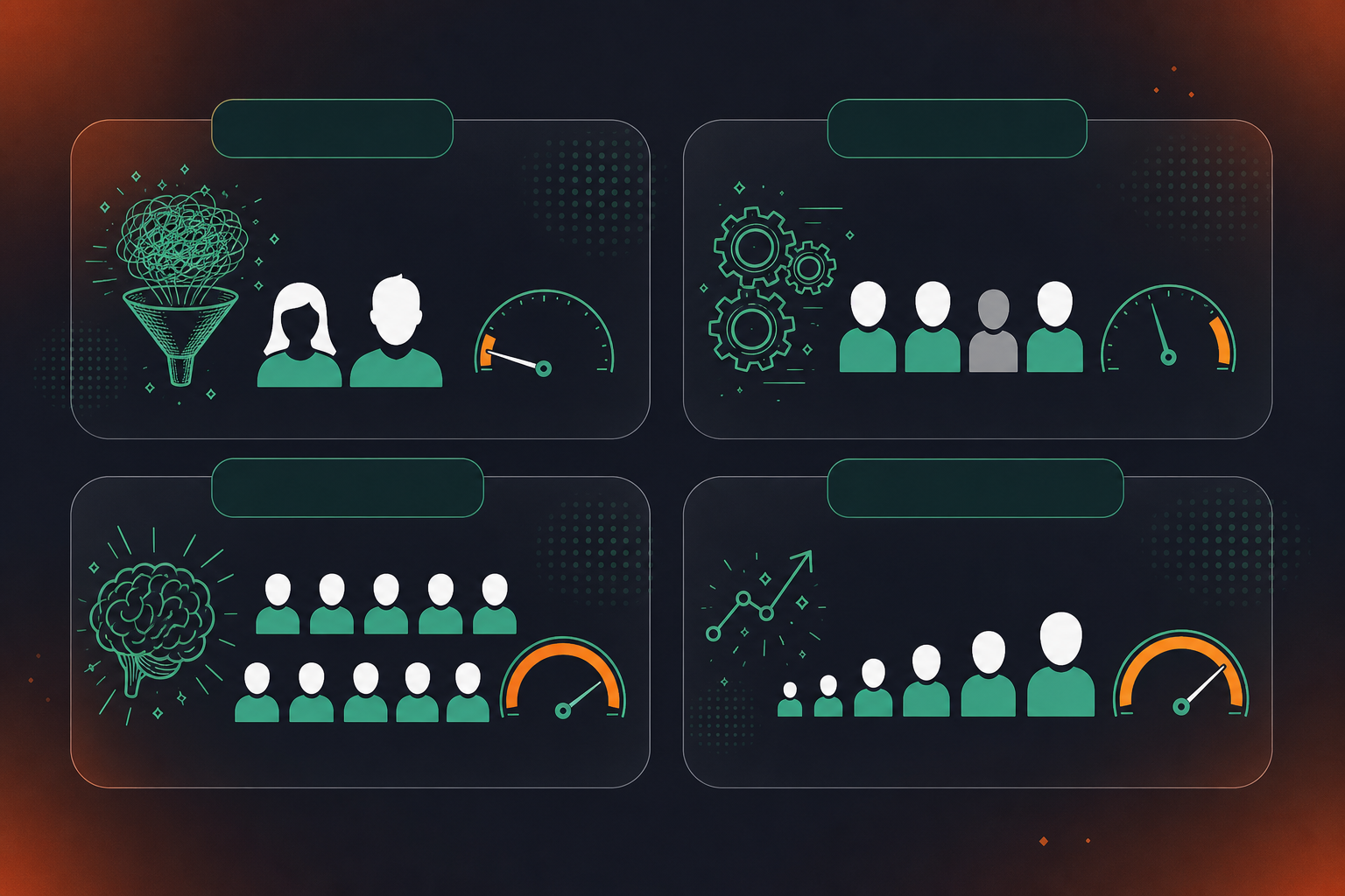 A clean flat design illustration showing four team profile cards arranged in a 2x2 grid, each representing a different company size: a small startup with 2-3 person icons and a low usage meter, a mid-market team with mixed active and idle user icons, a large enterprise with rows of user icons and a high volume meter, and a growing company with an upward arrow and scaling user icons. Each card has a subtle label area but no text. Green and white color palette, professional enterprise tech aesthetic, minimal iconography, no text.
