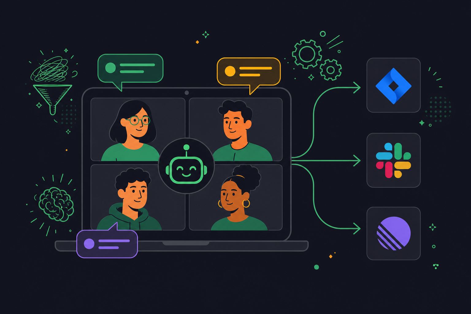 A clean, modern flat design illustration for a blog about AI meeting notes. Dark charcoal near-black background (#1a1a2e or #0f0f1a) with bright accent colors: vivid green (#4ade80), amber/yellow (#fbbf24), and soft purple (#a78bfa). Shows an AI bot icon joining a video call grid of 4 participant avatars on a laptop screen. Speech bubbles from participants are being automatically tagged — one labeled "Decision" in green, one labeled "Action Item" in amber, one labeled "Owner" in purple. Arrows flow from the laptop into icons representing Jira, Slack, and Linear on the right side. Each icon sits on a slightly lighter dark card background. Modern sans-serif typography, clean icon-style decorative elements, professional tech SaaS aesthetic. No gradients — flat, bold, and high contrast.