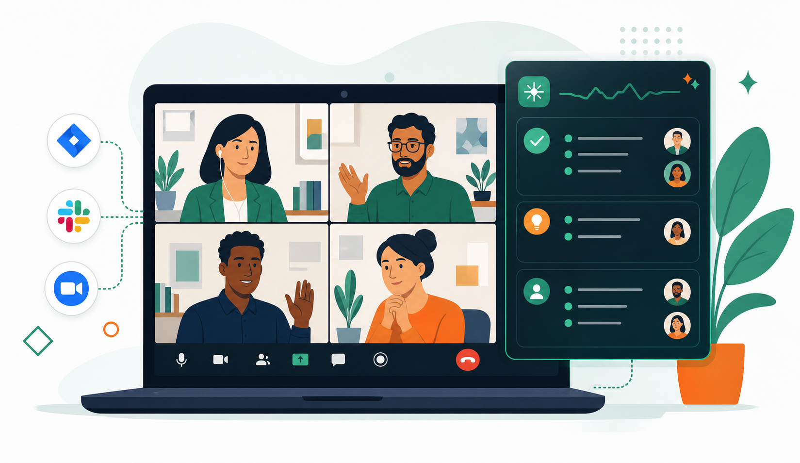 A clean, professional B2B illustration showing an enterprise team in a virtual meeting on a laptop screen, with an AI assistant (represented as a subtle overlay panel) automatically capturing structured action items, decisions, and named owners in a sidebar. Icons for Jira, Slack, and Zoom are visible as integration points. Soft blue and green tones on a white background. Flat, editorial illustration style suited for a B2B SaaS blog post about meeting management and AI-powered conversation intelligence.