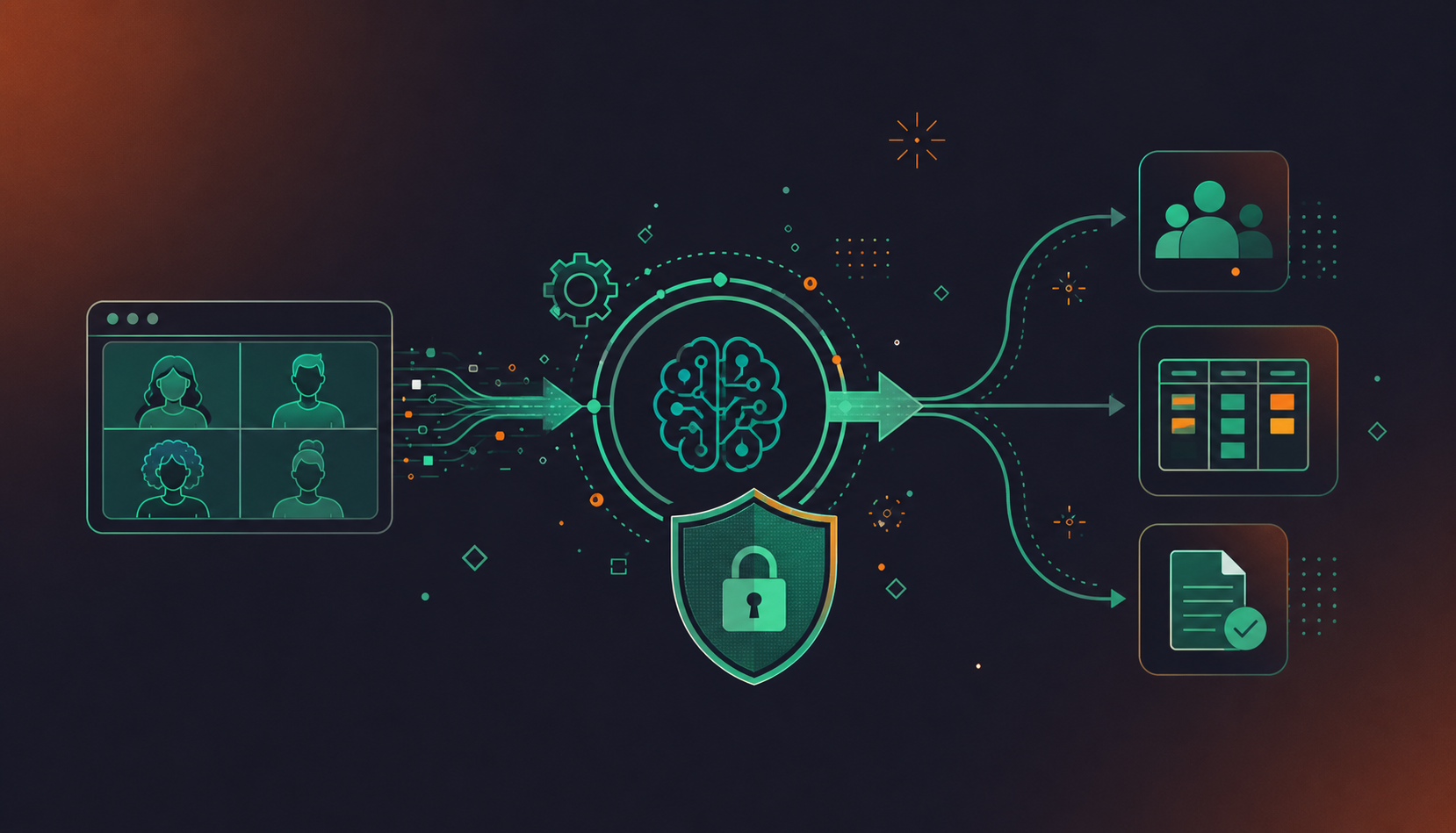 Clean professional flat illustration showing enterprise conversation data flowing through a pipeline: a video meeting icon on the left, an arrow passing through an AI processing node in the center, then branching into CRM, project management, and document icons on the right. A security shield badge overlays the pipeline. Soft teal and white color palette, minimal enterprise SaaS aesthetic, no text labels.