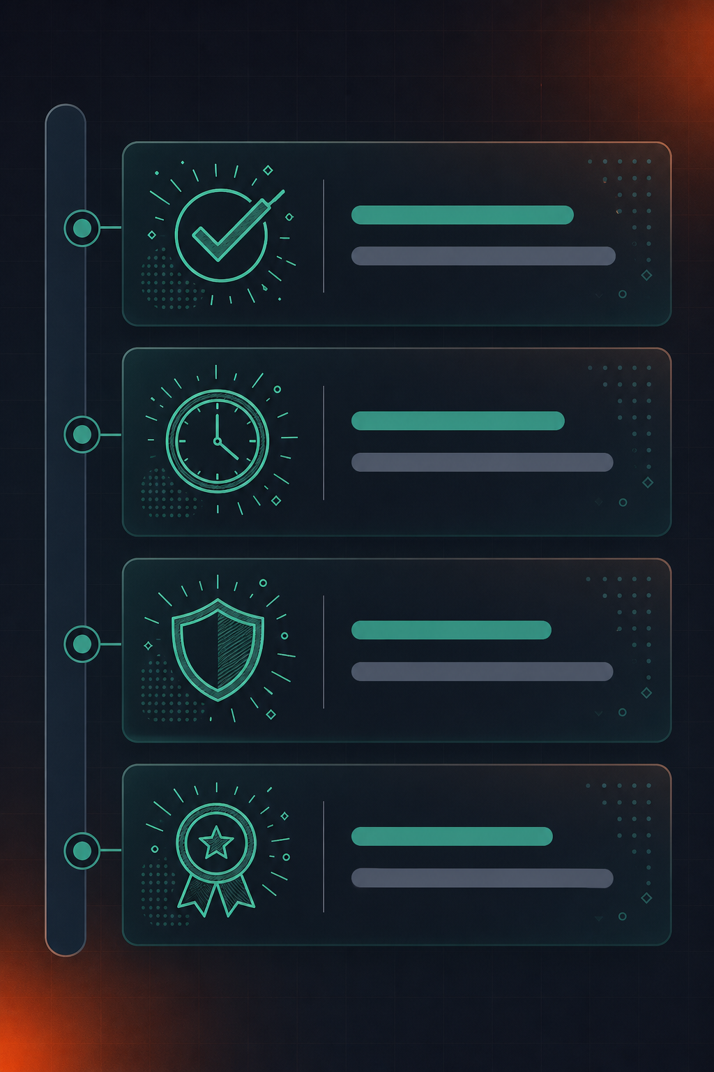 Enterprise AI compliance and security controls framework infographic. Four horizontal sections stacked vertically, each representing a compliance layer: "Consent & Notification", "Data Retention", "PII Redaction", and "Security Certifications (SOC 2, GDPR, HIPAA)". Each row has a small icon on the left (checkmark, clock, shield, certificate badge), a bold label, and a short descriptor on the right. A vertical left-side bar in deep navy ties all rows together. Clean flat design, teal and navy color palette, white text, subtle grid background. Professional enterprise infographic style, no people, minimal and structured layout inspired by a compliance audit checklist poster.