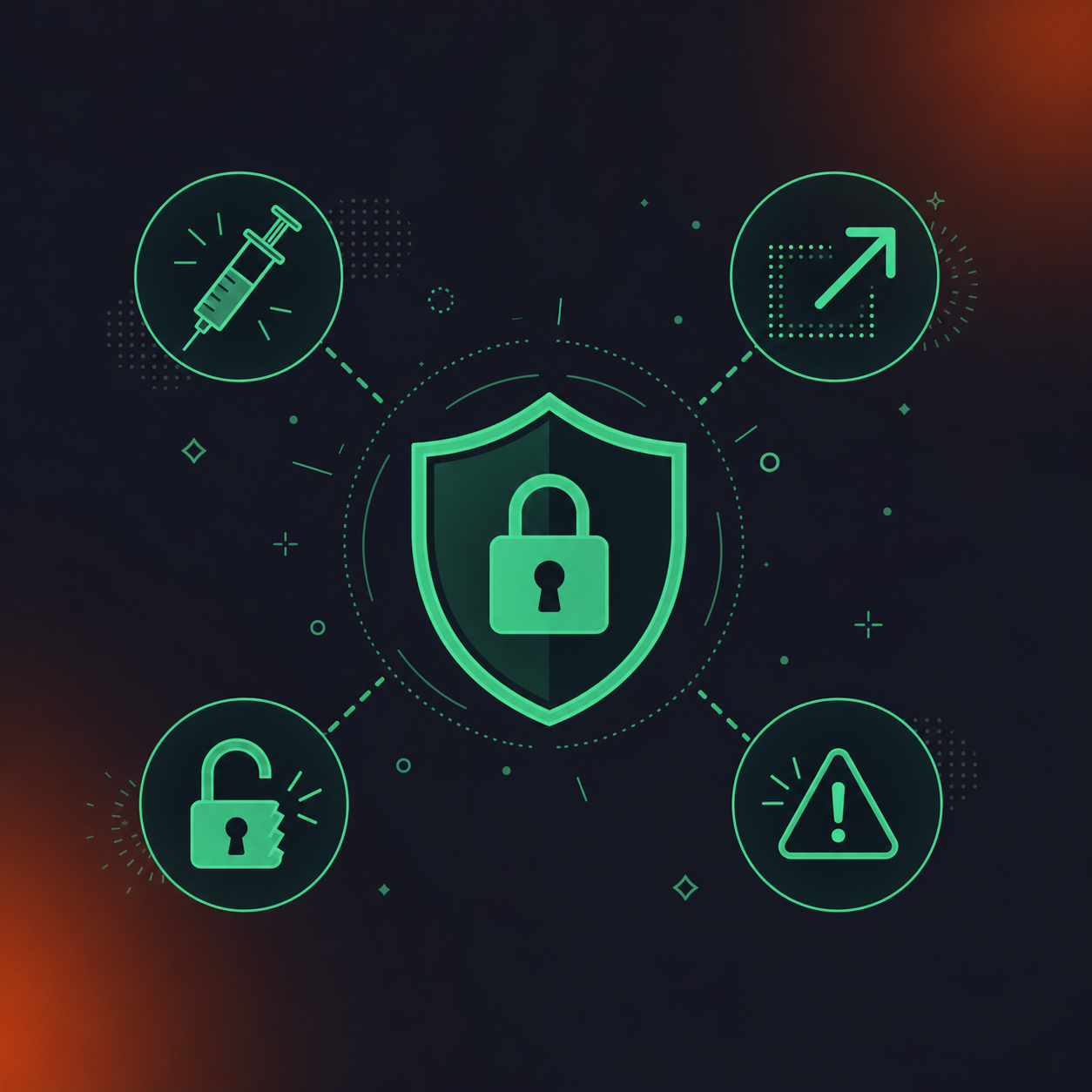 A clean flat design illustration representing MCP security risks for meeting conversation data. A central shield icon with a lock symbol, surrounded by four labeled threat icons: a syringe representing prompt injection, an outbound arrow for data exfiltration, a broken padlock for access control drift, and a warning triangle for compliance exposure. Green and white color palette, professional enterprise tech aesthetic, minimal iconography, no text labels.