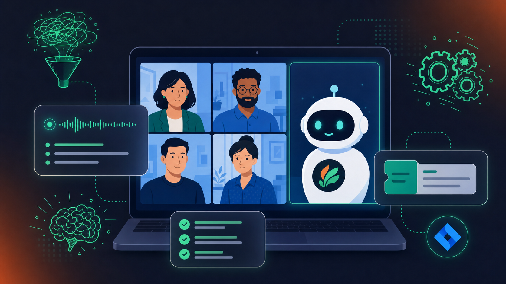 AI meeting assistant bot joining a video call on a laptop, with indicators of real-time transcription, decision capture, and Jira ticket creation