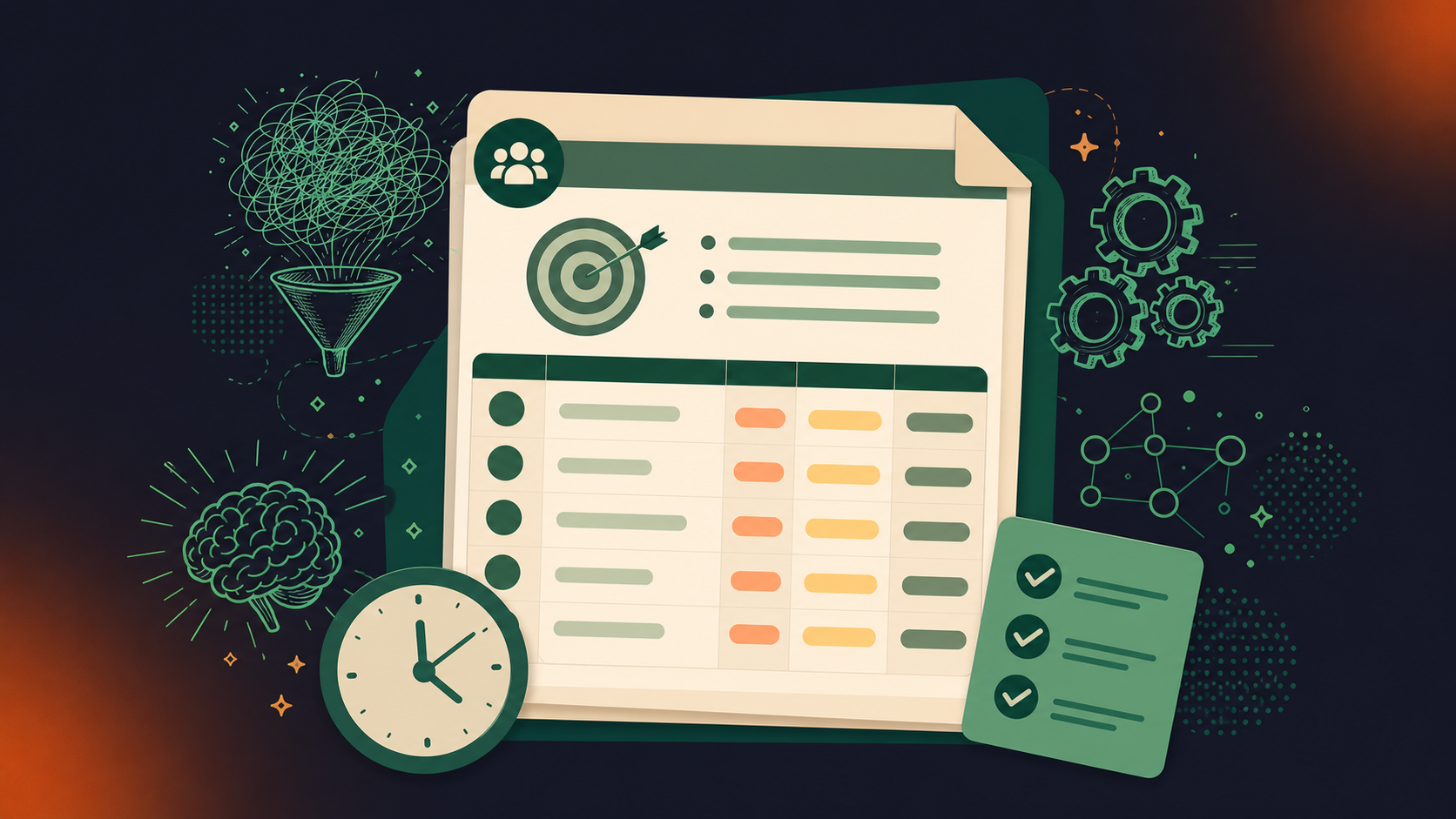 Clean, modern flat-style illustration showing a structured meeting agenda document with labeled sections: objectives, topic list, time slots, and presenter names. A clock icon and checklist visuals reinforce time management and preparation. Warm neutral color palette, professional business style, no text or labels on the image.