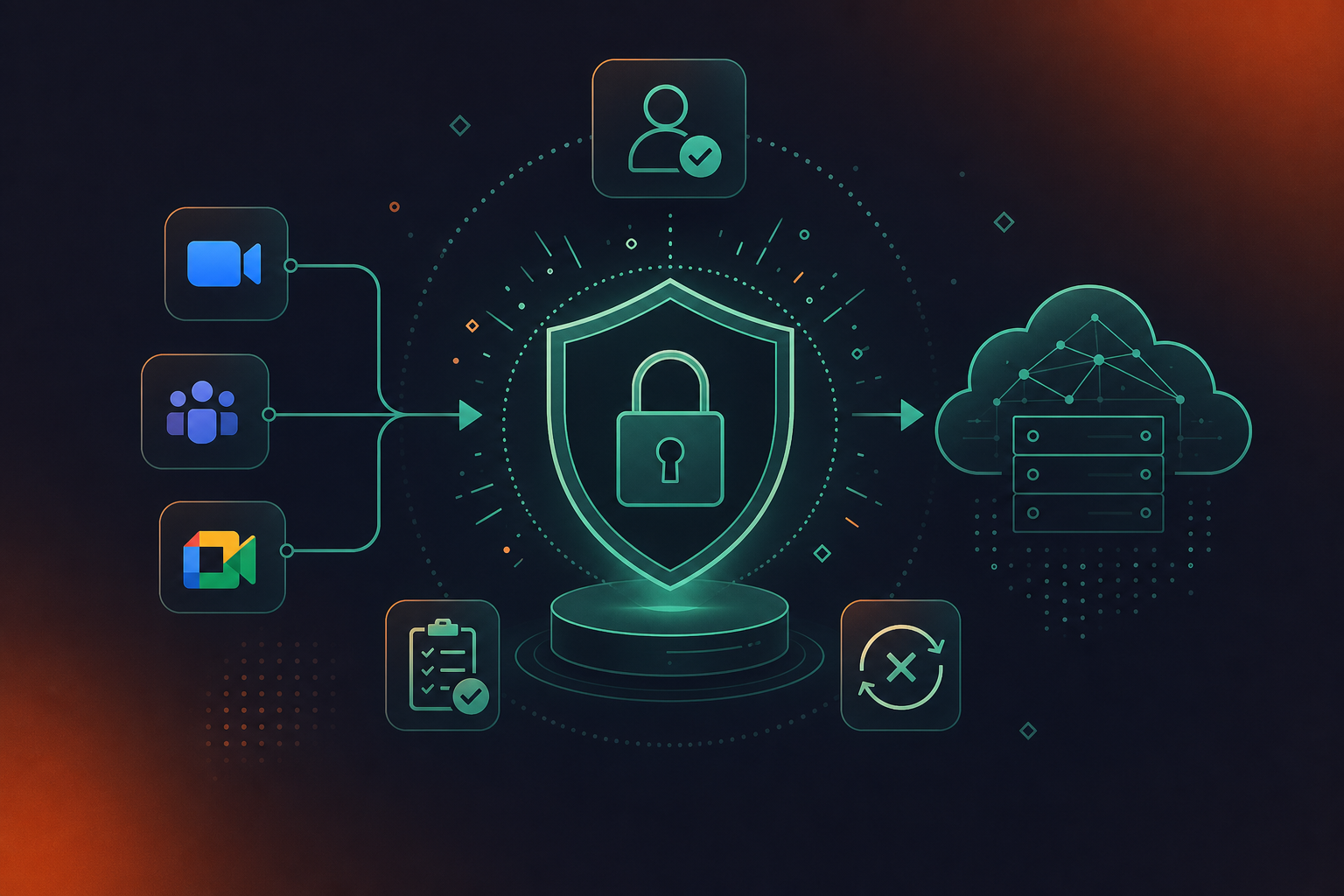 A clean, modern flat-style diagram illustrating attorney-client privilege protection for AI meeting tools. Shows a shielded lock icon at the center labeled "Privileged Communication," with arrows showing a controlled data flow into a secure cloud environment. Around the shield: access control icons, an audit log icon, and a "zero data retention" badge. Small icons for Zoom, Teams, and Meet connect inward. Color palette: teal, white, and dark navy. No people. Professional SaaS illustration style, minimal text labels.