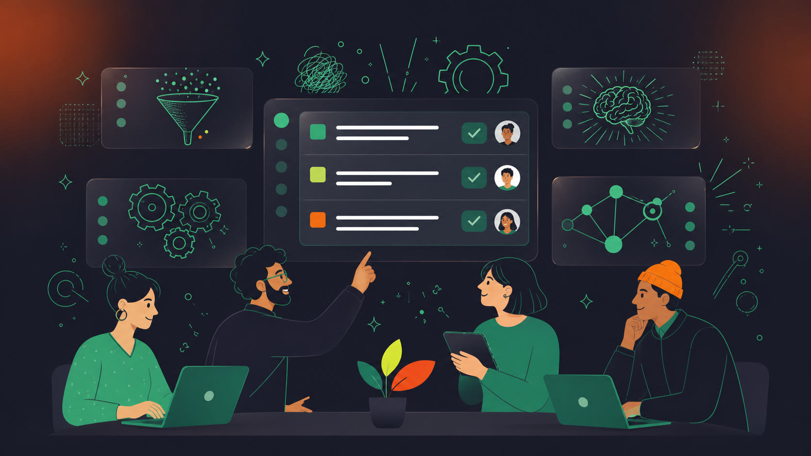 A clean flat-design illustration of a software engineering team reviewing project status updates and action items in a virtual meeting. Stylized characters interact with floating UI cards showing task lists, priority labels, and checkmarks with owner tags. Green and white color palette with teal and lime green accents — brand colors for a company called Spinach. Modern professional tech illustration style, no text, minimal shadows, wide aspect ratio.