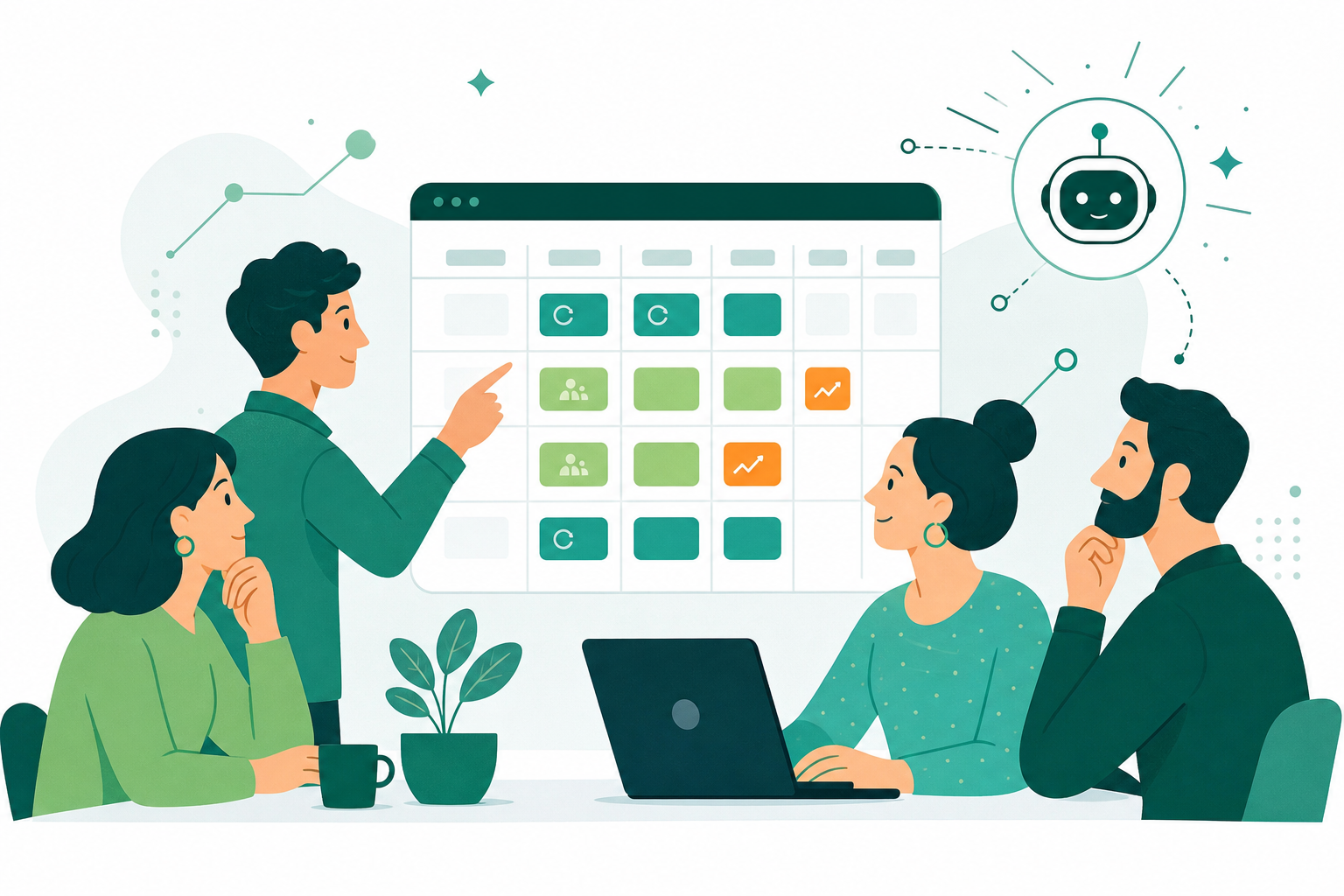 A clean, professional B2B illustration showing a team collaborating around a shared digital calendar with clearly marked recurring meeting slots — daily standups, weekly syncs, and monthly reviews color-coded and labeled. A subtle AI assistant icon hovers nearby, suggesting automated scheduling intelligence. One team member points at the calendar while others look engaged. Soft blue and green tones on a white background. Flat, editorial illustration style suited for a B2B SaaS blog post about meeting cadence and team productivity.