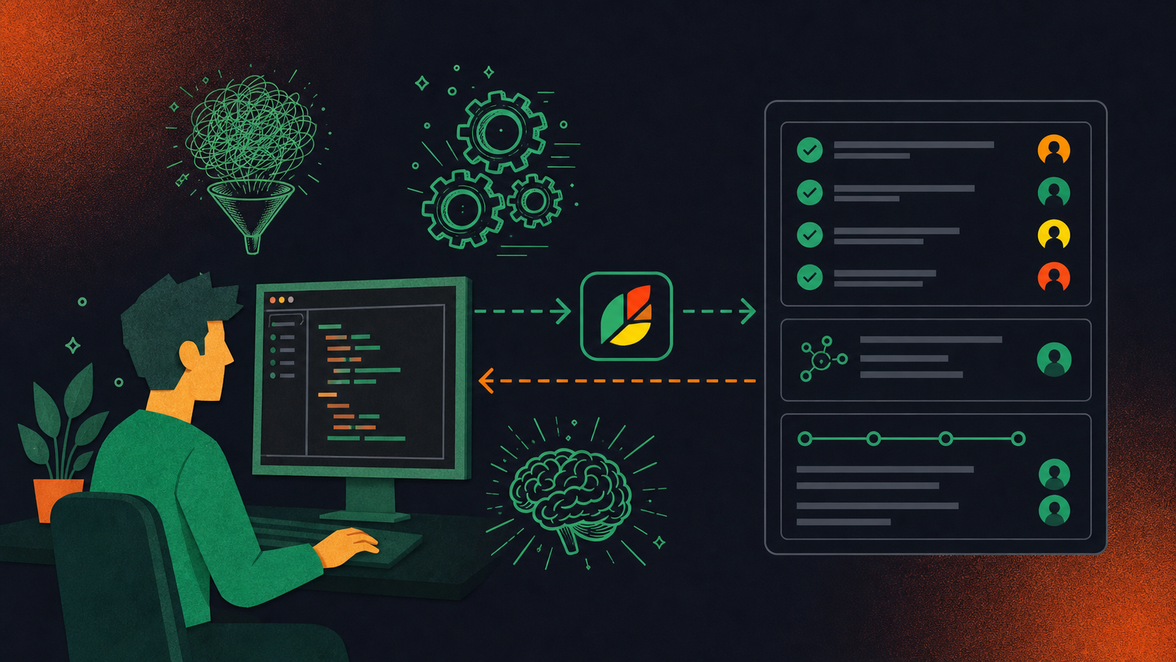 Clean modern flat-style SaaS illustration showing a Cursor IDE agent querying structured meeting data. On the left, a developer at a workstation with a Cursor code editor open. On the right, a structured data panel showing meeting outputs: action items with owner names, architectural decisions with attribution, sprint history. Connecting arrows labeled "MCP query" and "structured response". Minimal color palette: teal, white, dark navy. Professional tech product marketing illustration style, icon-based flat design, no photorealism, no clutter.