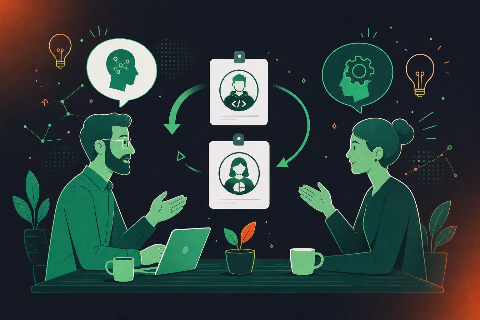 A clean flat design illustration of a team role reversal activity in a retrospective meeting. Two people facing each other across a table, with name tag icons and role labels swapping between them (developer icon and product owner icon switching sides). Arrows showing the exchange, with lightbulb moments and speech bubbles reflecting new perspectives. Green and white color palette, professional enterprise aesthetic, minimal iconography, no text labels.