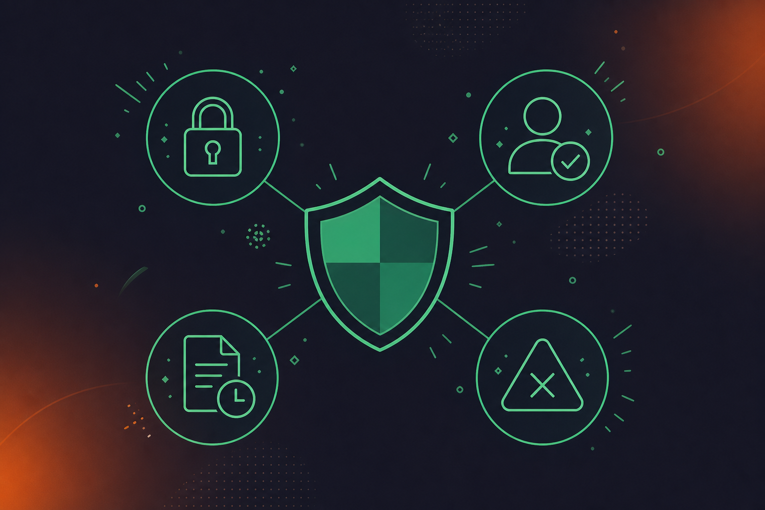 Clean flat design illustration showing conversation data security and access control for AI agents. A central shield icon in the middle is surrounded by four smaller icons: a lock (HMAC authentication), a person with a checkmark (user-based permissions), a document with a retention clock (compliance/retention policies), and a warning triangle with an X (prompt injection prevention). Clean lines connecting each icon to the shield. Green and white color palette, professional enterprise tech aesthetic, minimal iconography, no text labels, modern SaaS illustration style matching Spinach AI brand.