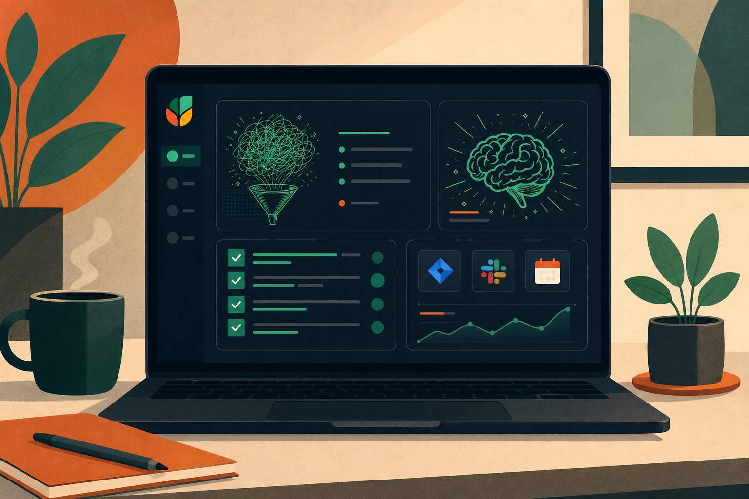 A professional flat design illustration of a digital dashboard showing AI meeting tools in action. A laptop screen displays structured meeting notes, action items with checkboxes, and integrations icons (Jira, Slack, calendar). Clean, modern office setting with warm neutral tones, minimal style, wide aspect ratio.