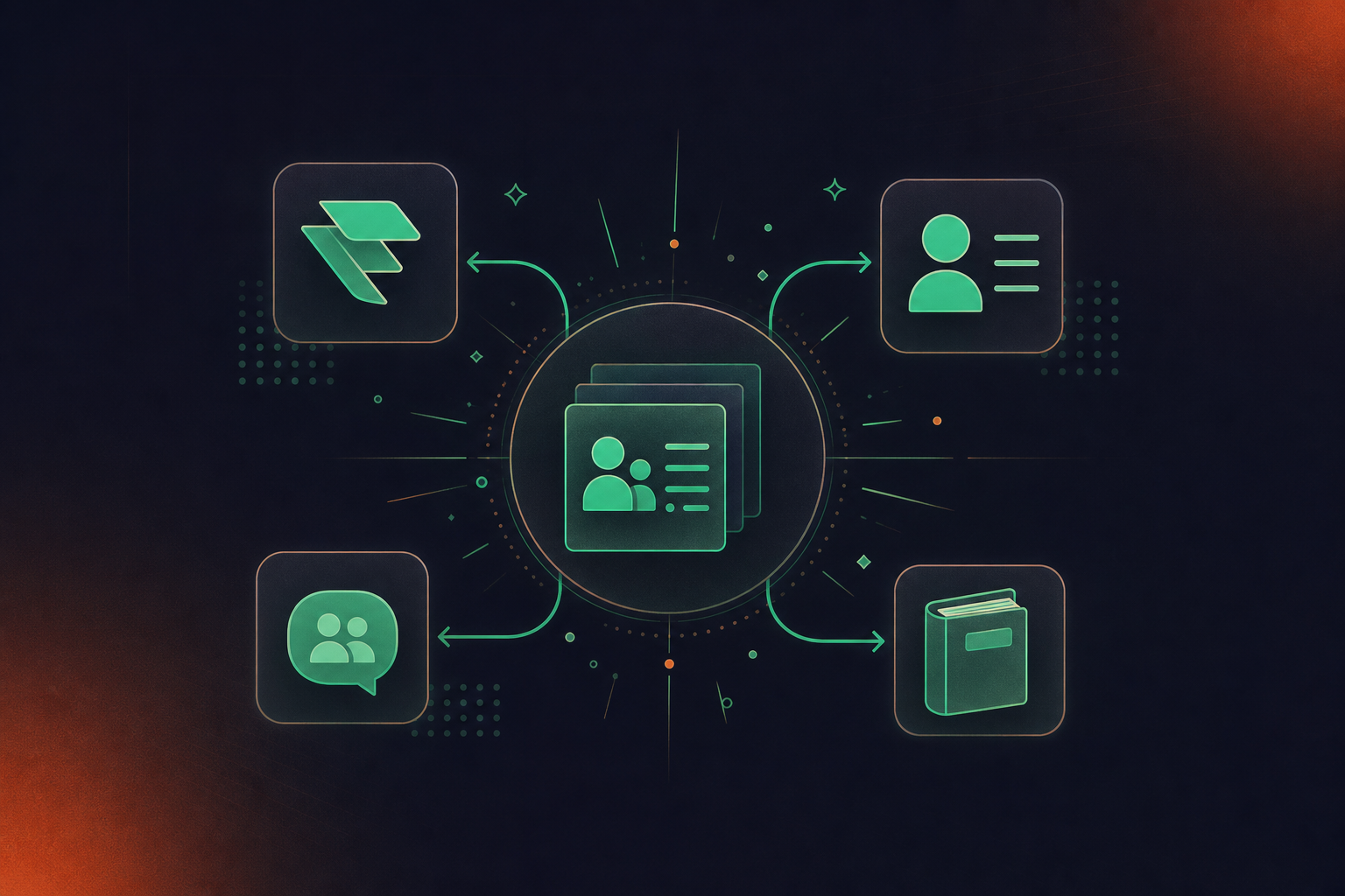 A clean, modern flat-style illustration showing AI agents routing structured meeting outputs into enterprise tools: Jira tickets, CRM records, Slack messages, and a knowledge base. Icons connected by arrows flowing from a central "governed conversation record" hub outward to each tool. Minimal color palette: teal, white, and dark navy. Professional SaaS illustration style. No text labels needed.