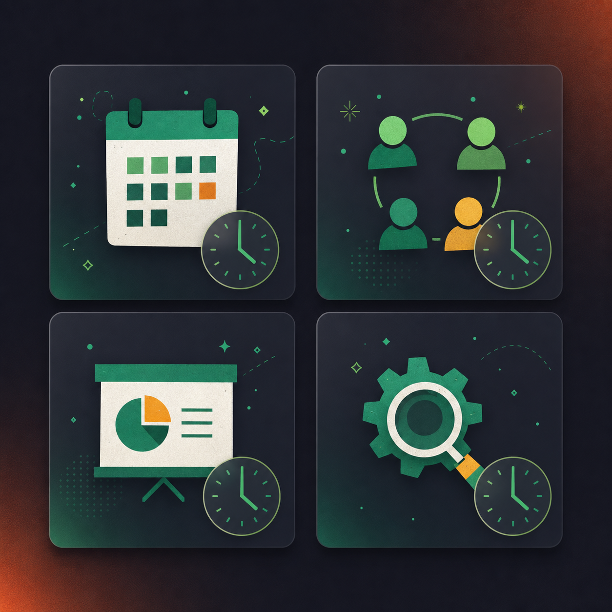 A clean flat design illustration of four Scrum ceremony cards arranged in a 2x2 grid. Each card is labeled with a small icon: a calendar for Sprint Planning, a circle of people for Daily Standup, a presentation screen for Sprint Review, and a magnifying glass over a gear for Sprint Retrospective. A subtle clock icon overlays each card representing timeboxes. Green and white color palette, professional enterprise tech aesthetic, minimal iconography, no text labels, soft shadows on cards.