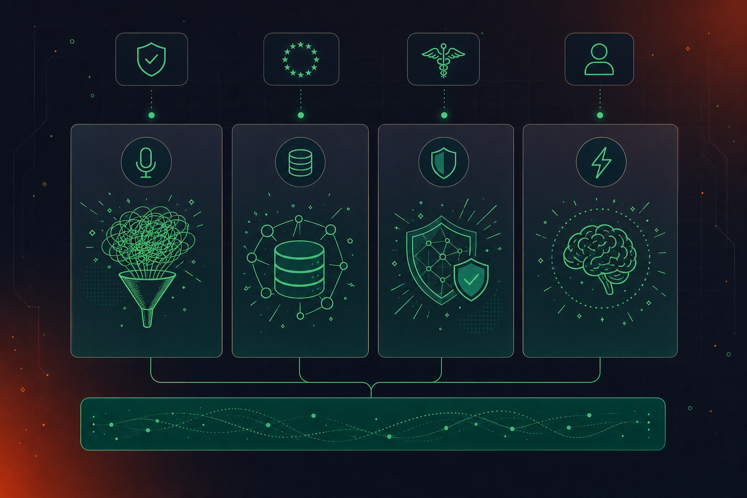 Enterprise AI governance framework diagram for conversation intelligence. Four vertical pillars labeled: Capture, Centralize, Manage, Power. Each pillar has a small icon above it (microphone, database, shield, lightning bolt). Below the pillars, a horizontal foundation bar labeled "Conversation Data". Above each pillar, small badges showing: SOC 2, GDPR, HIPAA, SSO. Clean flat design, deep navy and teal color palette with white text, subtle grid background. Professional enterprise infographic style, no people, minimal and structured layout reminiscent of a compliance framework poster.