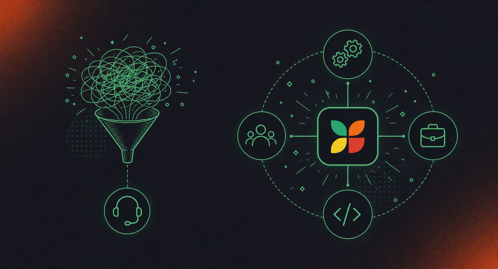 Clean flat design illustration showing two sides: on the left, a sales funnel with a small phone/headset icon representing limited sales call capture; on the right, a circular org diagram with four small team icons (gears, people, briefcase, code brackets) all connected to a central hub representing org-wide conversation capture. Green and white color palette, professional enterprise technology style, minimal icons, no text.