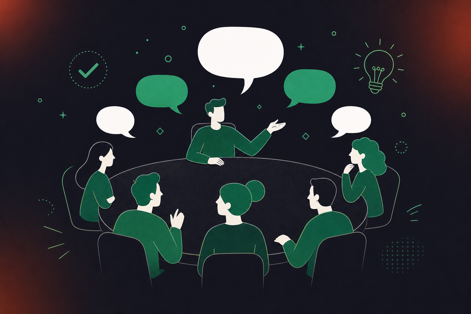 A clean flat design illustration showing a team meeting in a "talk and listen" culture. Multiple team member icons seated around a round table, with speech bubbles of varying sizes showing both speaking and listening. One figure at the head of the table gestures toward the group. Simple checkmark and lightbulb icons float nearby. Green and white color palette, professional enterprise tech aesthetic, minimal iconography, no text.