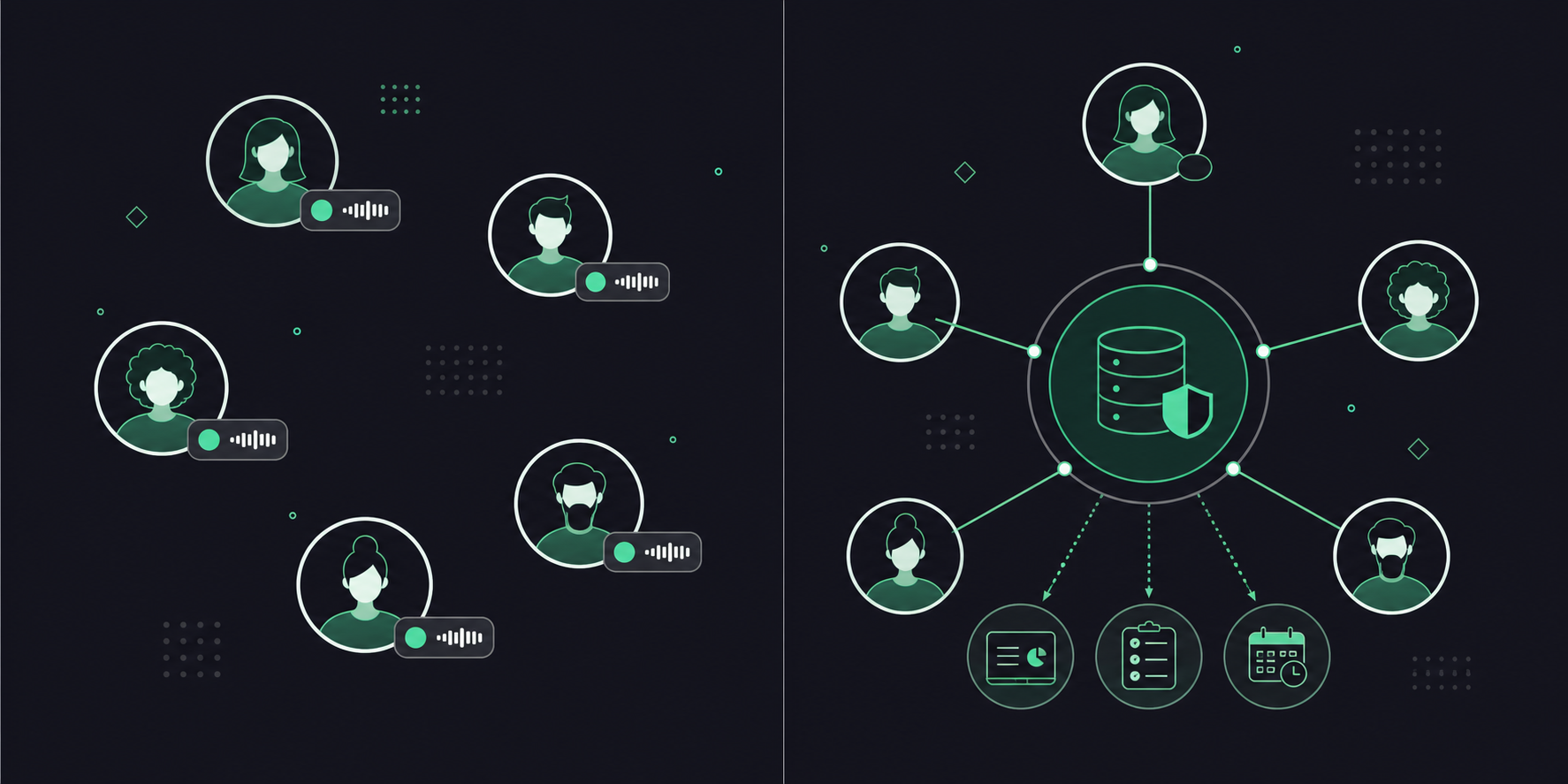 A clean flat-design split illustration contrasting two deployment models. Left side labeled "Individual Install": five separate user icons each with their own small recording bubble and no connection between them, implying siloed data. Right side labeled "Org-Wide Governance": five user icons all connected to a single central hub labeled "Governed Data Asset", with small icons for admin dashboard, audit log, and retention policy. Green, white, and soft gray color palette. Professional tech aesthetic, minimal style, no decorative elements.