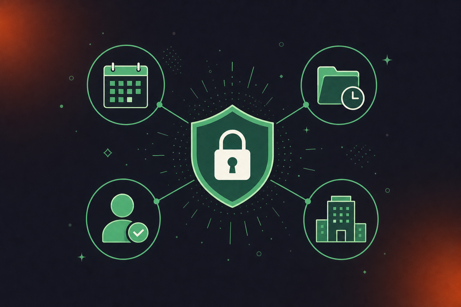 A clean flat design illustration representing enterprise AI meeting recording governance and data retention. A central shield icon with a lock symbol sits in the middle, connected by thin lines to icons representing: a calendar (retention periods), a folder with a clock (legal hold), a person silhouette (access controls), and a building (enterprise org). Green and white color palette, professional enterprise tech aesthetic, minimal iconography, no text, consistent with Spinach AI brand style.