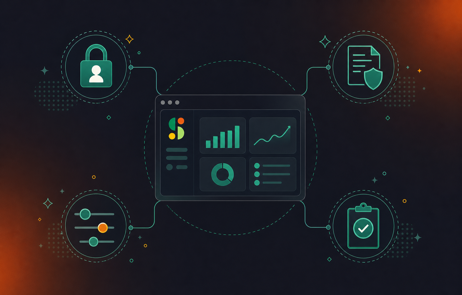 A clean, modern flat-style illustration showing enterprise admin controls and governance for an AI meeting assistant. A central dashboard icon surrounded by icons representing: a lock with user silhouette (SSO/SCIM), a document with shield (audit log), a slider/toggle (configurable retention), and a clipboard with checkmark (compliance monitoring). Connected by clean lines in a structured layout. Minimal color palette: teal, white, and dark navy. No text labels. Professional SaaS illustration style.