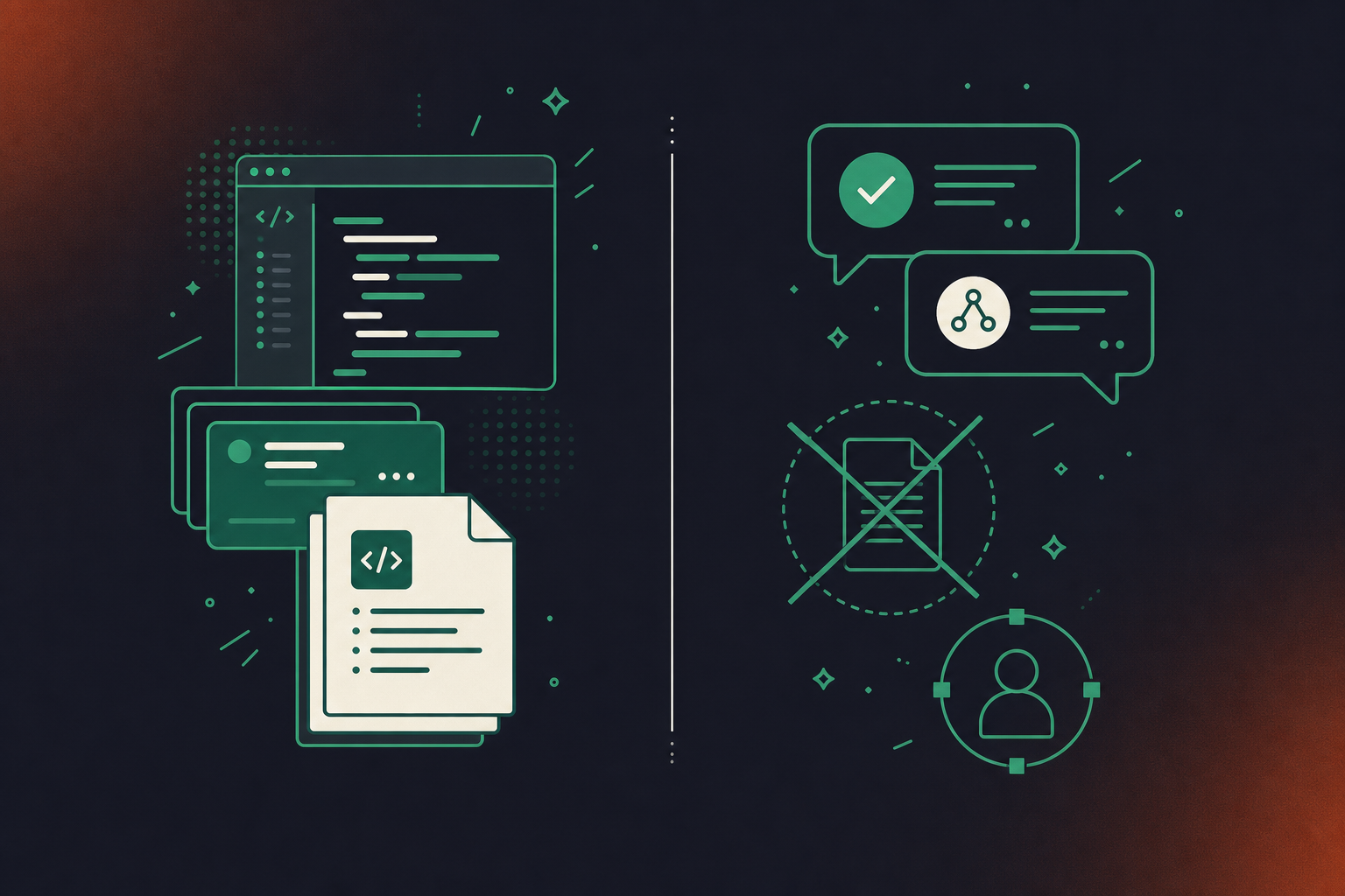 A clean flat design illustration showing two labeled columns side by side, one representing what an AI coding agent already has (code files, ticket cards, README documents stacked as simple icons) and the other showing what is missing (meeting bubbles with decision icons, a crossed-out item icon for rejected approaches, a customer constraint symbol). A visible gap or dividing line separates the two columns. Green and white color palette, professional enterprise tech aesthetic, minimal iconography, no text.