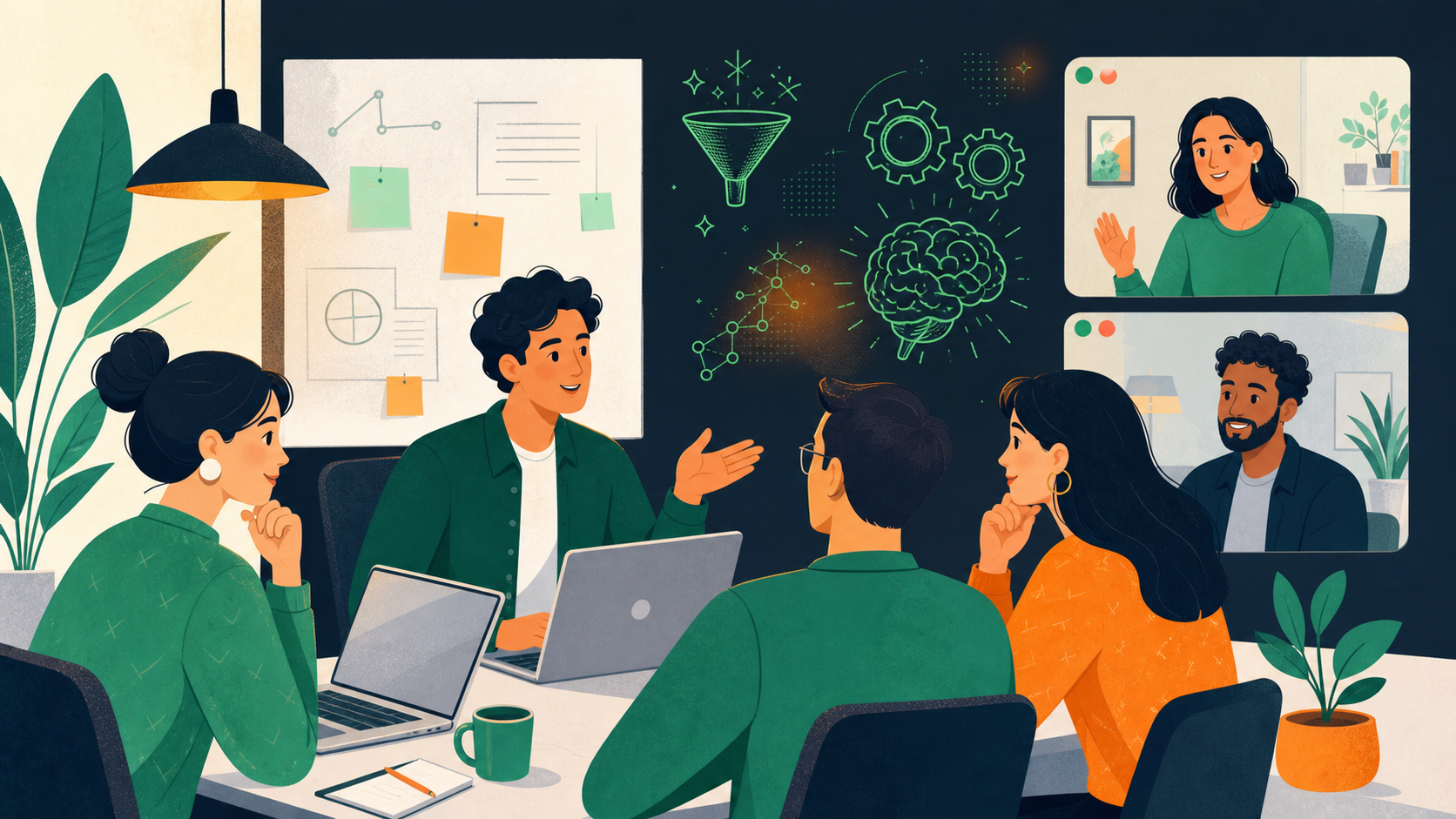 A clean, modern flat-style illustration of a small team of 4-5 people having a brief sync-up meeting around a table or in a virtual call grid. The setting is a bright, professional office or remote work environment. Team members are engaged, some with laptops open, a whiteboard in the background with sticky notes. The mood is collaborative and focused. Soft blue and green color palette. No text overlays.