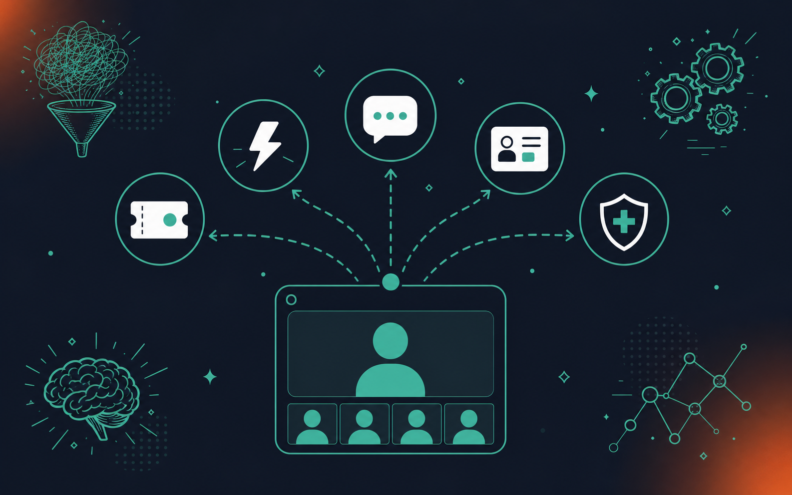 Clean, modern flat-style SaaS illustration. Dark navy blue background (#0F1B2D). Center shows a video call icon with participant avatars. Arrows flow outward to five app icons arranged in a arc: a ticket card labeled Jira, a lightning bolt for Linear, a speech bubble for Slack, a CRM record for HubSpot, and a shield for compliance/HIPAA. Accent color: bright teal (#00C4B4) for all arrows, icon outlines, and highlights. White icon shapes and labels. Minimal, professional, no gradients, flat shapes only. Represents meeting outputs automatically routing into connected tools.