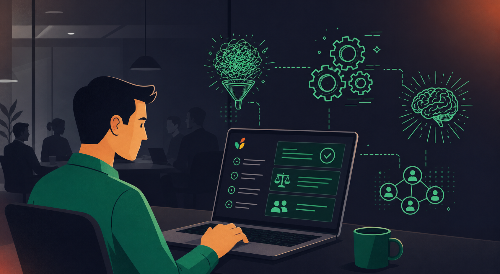 A clean flat-design illustration of a professional taking structured meeting notes on a laptop, with icons representing action items, decisions, and task assignments floating around the screen. A subtle boardroom setting in the background. Green and white color palette with green accents. Minimal, corporate, polished style consistent with a SaaS blog.