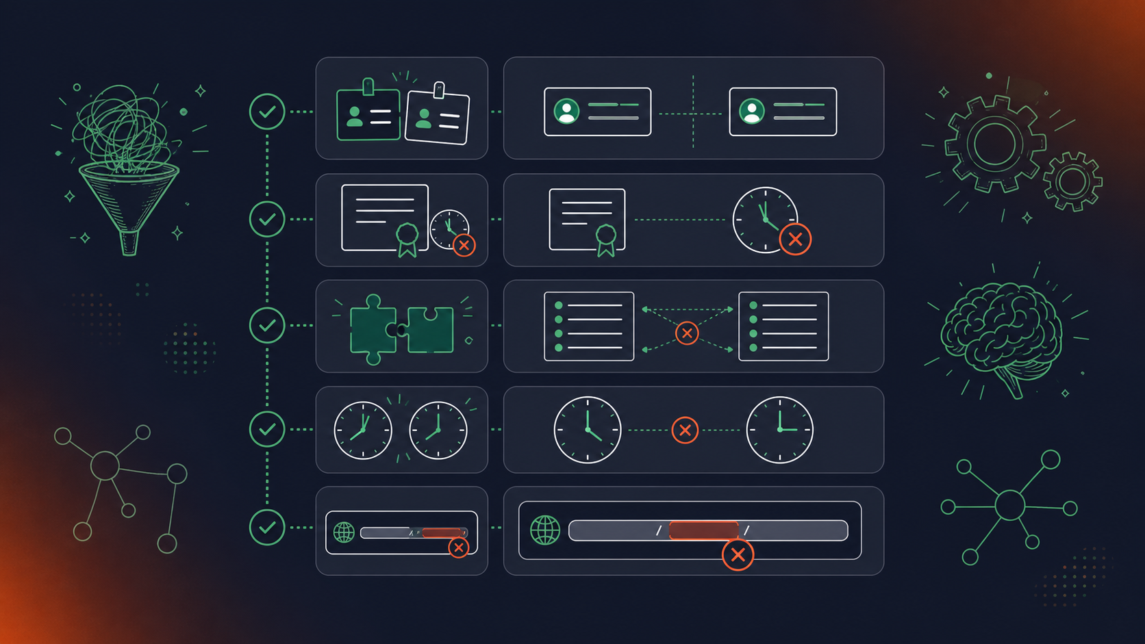 Clean flat-design technical illustration showing the 5 most common SAML SSO configuration failure points as a vertical checklist/diagnostic flow. Five labeled items with icons: 1) Mismatched Entity IDs (two misaligned ID badges), 2) Expired Certificate (certificate with a red X and clock), 3) Attribute Mapping Gap (two mismatched attribute labels), 4) Clock Skew (two clocks showing different times), 5) Incorrect ACS URL (URL path with wrong endpoint highlighted). Each item has a small icon on the left and a short label. Color palette: dark navy background (#1a1f35), bright green accents (#4ade80) for labels and icon highlights, white text, light gray card backgrounds. Enterprise SaaS style, minimal, no gradients, no photos, professional technical illustration. Aspect ratio 16:9.