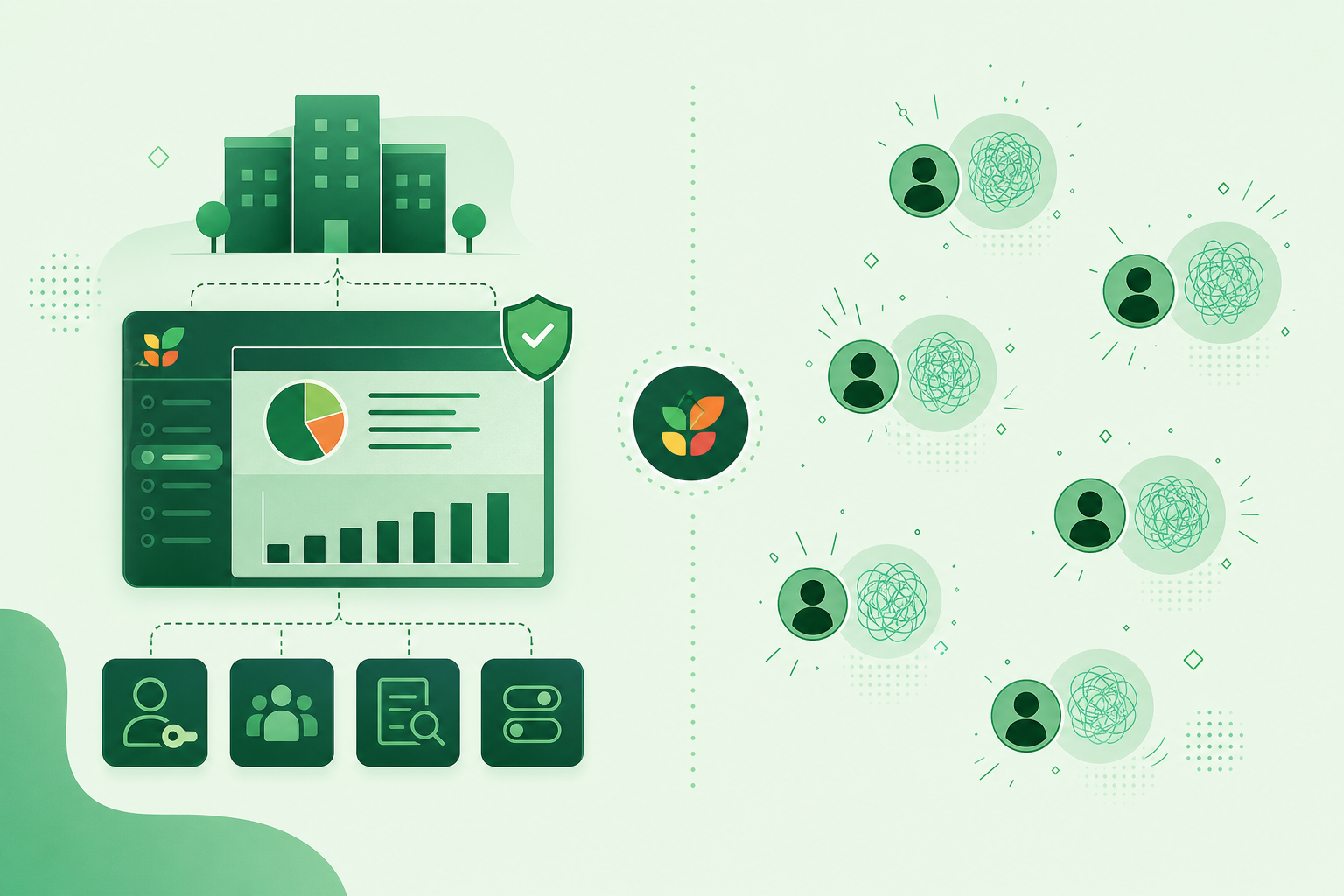 Clean, minimal flat-design illustration in Spinach AI brand style. A visual showing organizational governance vs shadow IT: left side shows a tidy org-wide deployment with a single admin dashboard, connected icons for SAML SSO, SCIM, audit logs, and policy toggles, all in Spinach green (#4CAF50). Right side shows scattered, disconnected individual user icons each with their own siloed data bubble, representing ungoverned shadow IT. Light green background (#E8F5E9), Spinach green as the dominant accent color, green-tinted UI panels, clean sans-serif typography, soft shadows, professional enterprise SaaS aesthetic. No white background panels. No people photos, vector-style illustration only.