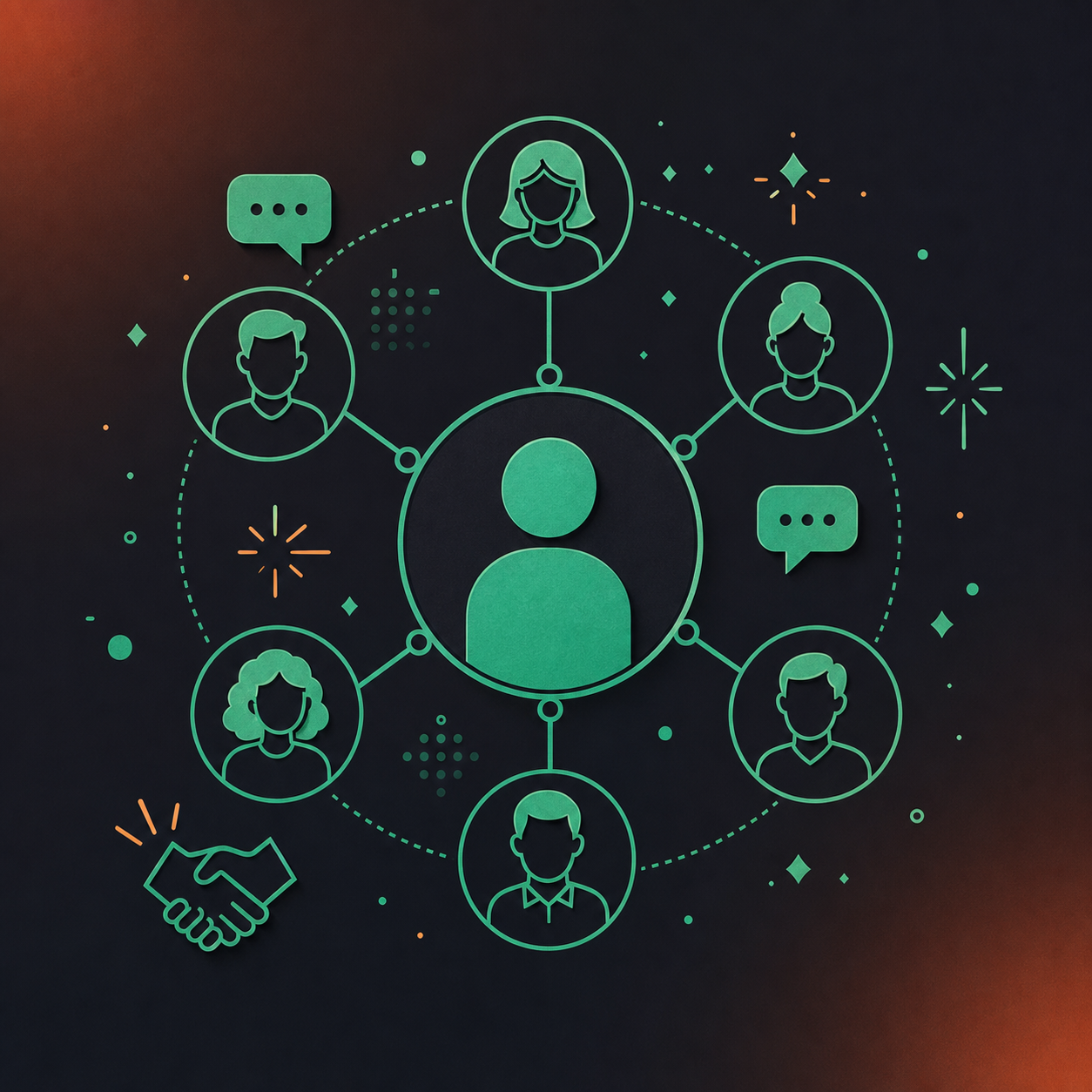 A clean flat design illustration showing a leader at the center of a collaborative team network. A central figure icon connected by simple lines to multiple surrounding team member icons arranged in a circle, suggesting mutual support and participation. Small speech bubble and handshake icons accent the scene. Green and white color palette, professional enterprise tech aesthetic, minimal iconography, no text.