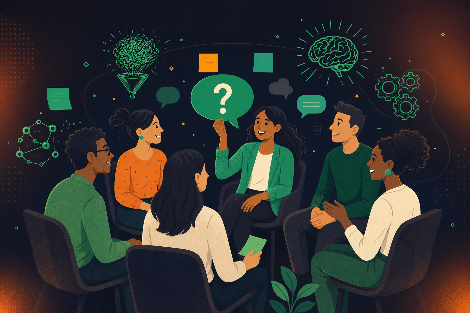 A clean flat design illustration of a team retrospective icebreaker activity. Diverse team members sitting in a circle, one person holding a speech bubble with a question mark, others smiling and engaged. Sticky notes and conversation bubbles floating around. Warm, friendly atmosphere with green and white color palette, professional enterprise aesthetic, minimal iconography.