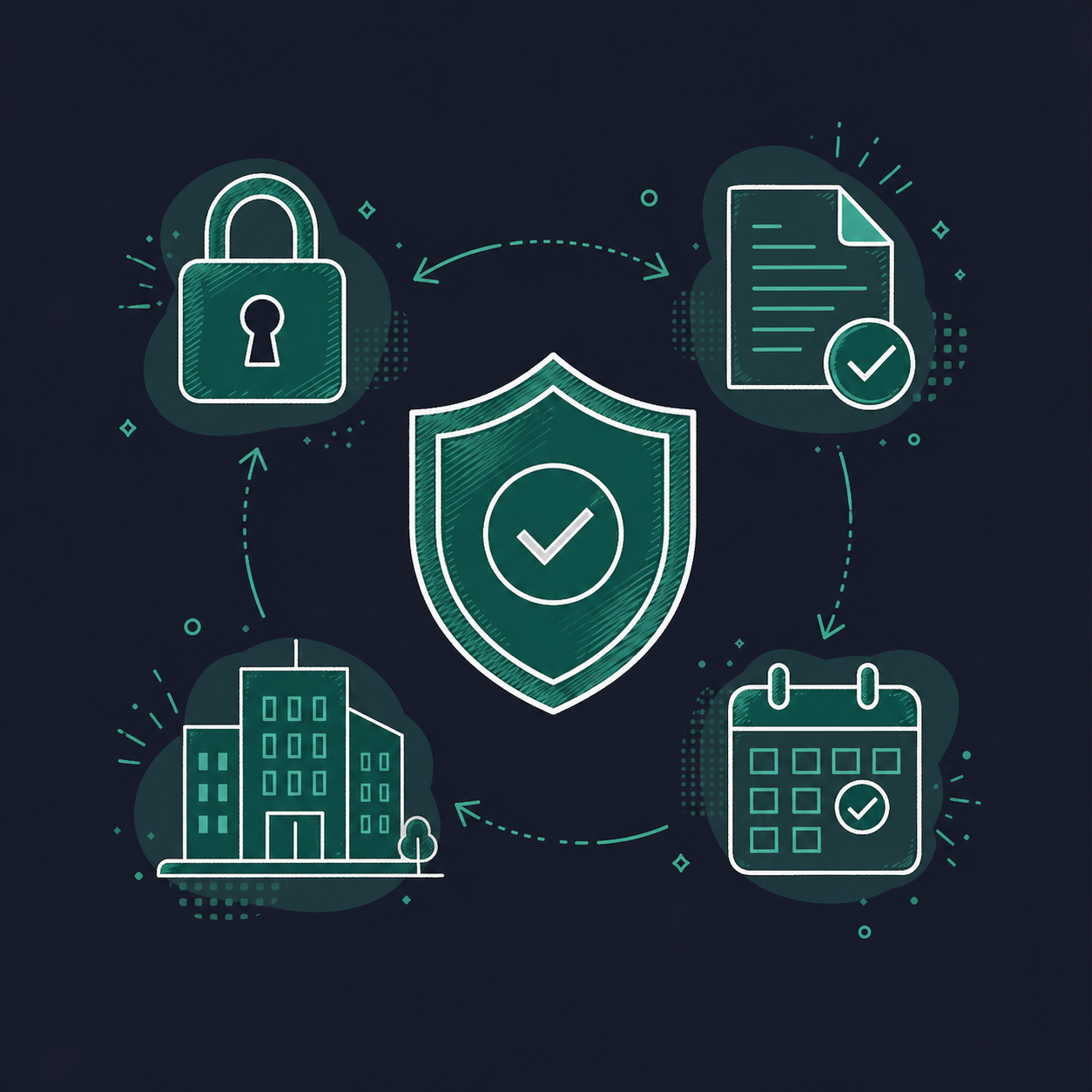 A clean, modern flat-style illustration showing an enterprise security compliance workflow for an AI meeting assistant. A central shield icon labeled "SOC 2 Type II" sits in the middle, surrounded by icons representing: a padlock (encryption), a document with a checkmark (audit report), a calendar (6-12 month observation period), and a building (enterprise organization). Arrows connect the elements in a circular flow. Minimal color palette: teal, white, and dark navy. No text labels. Professional SaaS illustration style.