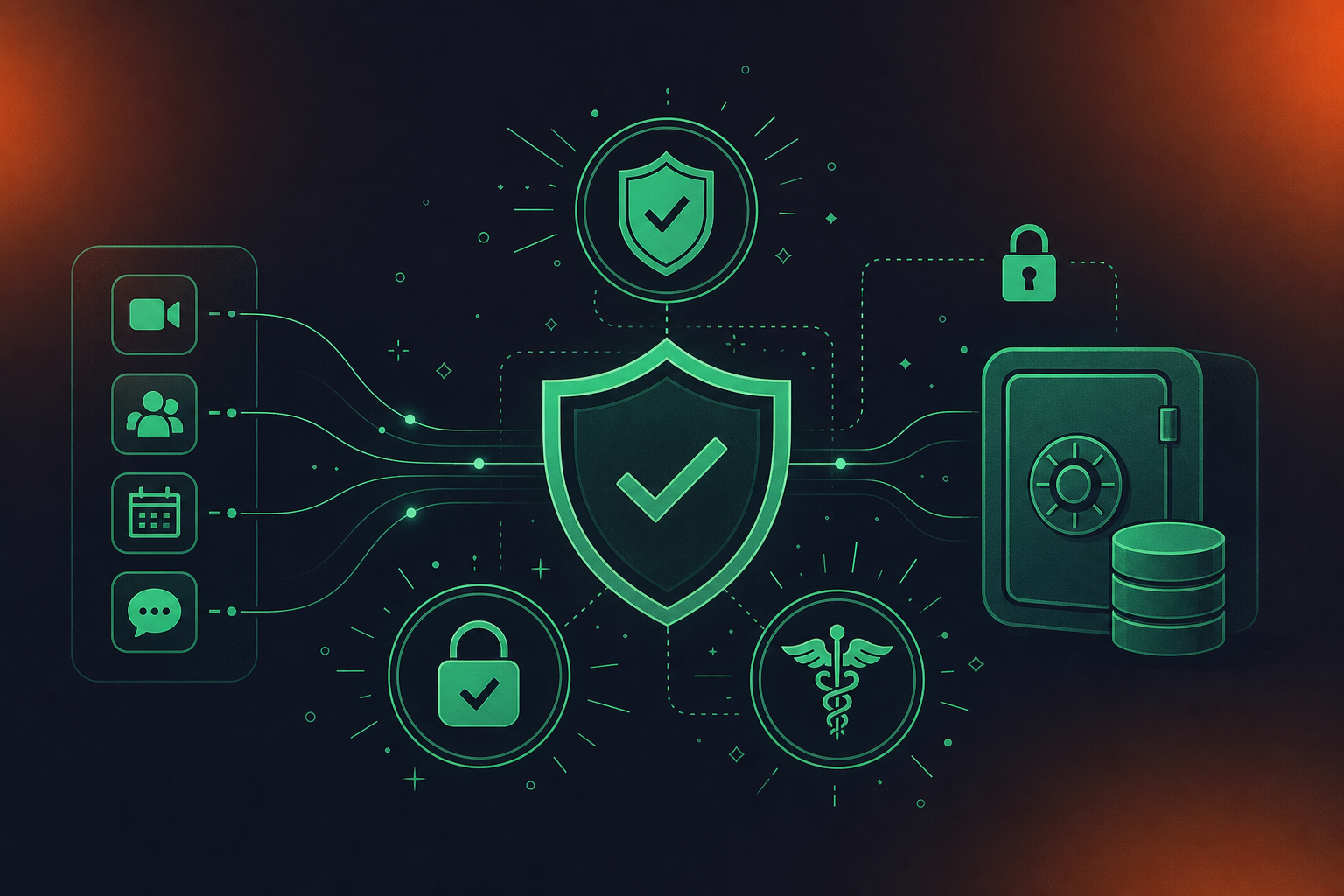 A clean flat design illustration showing enterprise security and compliance for AI meeting tools. A central shield icon with checkmarks for SOC 2 Type II, GDPR, and HIPAA compliance badges arranged around it. A lock icon and data flow lines connecting meeting platform icons to a secure vault/database. Green and white color palette, professional enterprise tech aesthetic, minimal iconography, no text.