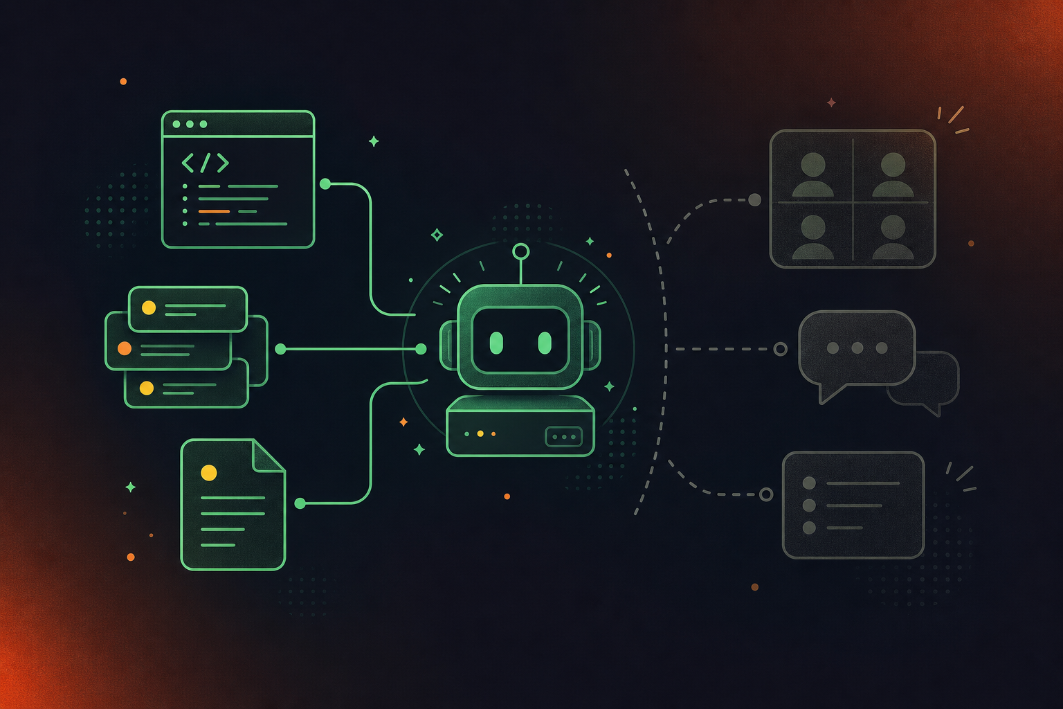 A clean flat design illustration showing an AI coding agent (represented as a simple robot or computer terminal icon) surrounded by connected data sources: code files, ticket cards, and documentation icons on one side (fully connected with solid lines), and meeting/video call icons, speech bubbles, and decision notes on the other side (disconnected, faded, with a dotted line or gap). The gap visually represents the agent's blind spot. Green and white color palette, professional enterprise tech aesthetic, minimal iconography, no text.