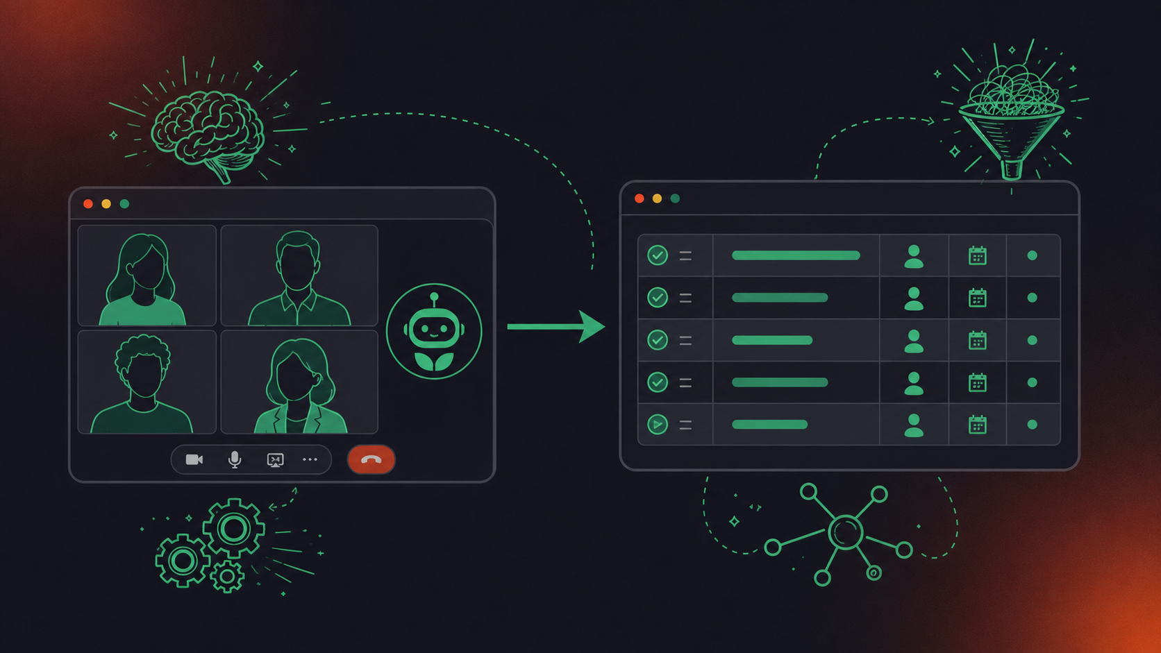 Clean flat design illustration showing an AI meeting assistant joining a Microsoft Teams video call and automatically routing structured output to a Notion database. A Teams call window on the left with a small bot icon inside it, connected by a solid arrow to a Notion-style database page on the right showing labeled rows for action items, owners, and due dates. Green and white color palette, professional enterprise tech aesthetic, minimal iconography, no text in the image.