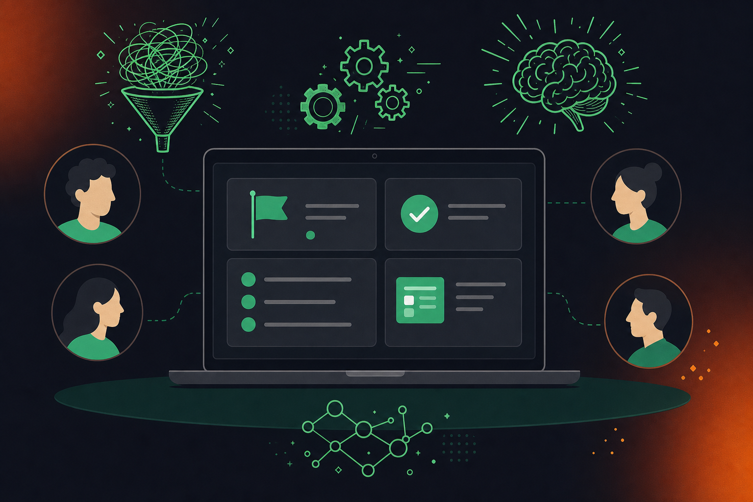 A clean flat design illustration showing an AI meeting assistant automatically capturing a sprint planning session. A minimal laptop or screen displays a structured meeting summary with icons for a goal flag, decision checkmark, action item list, and ticket card. Small avatar icons around a virtual meeting table suggest a distributed team. Green and white color palette, professional enterprise tech aesthetic, minimal iconography, no text.