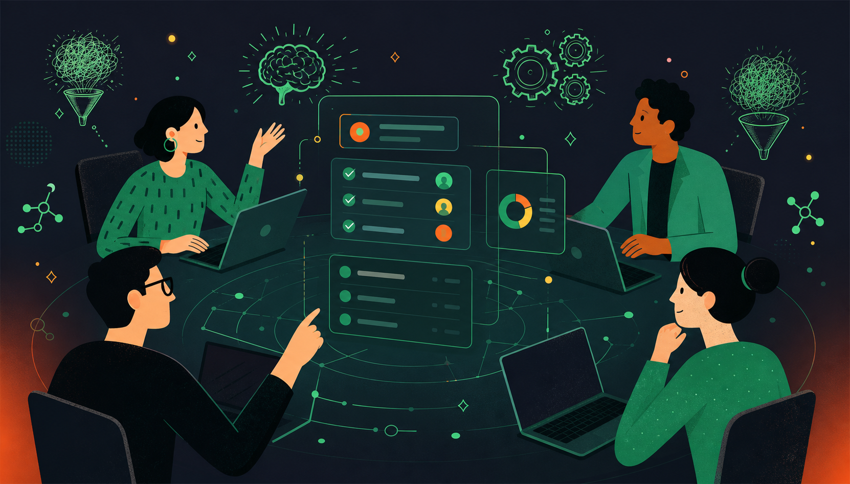 A clean flat-design illustration of a software engineering team in a virtual meeting. Stylized characters sit around a shared digital table with floating UI cards showing agenda items, action items with owner tags, and checkmarks. Green and white color palette with teal and lime green accents — brand colors for a company called Spinach. Modern professional tech illustration style, no text, minimal shadows, wide aspect ratio.